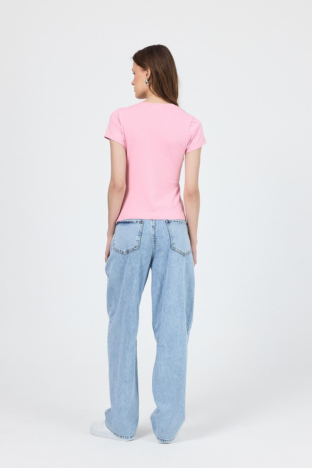Pembe Slim Fit Bisiklet Yaka Kısa Kollu Tişört 2214