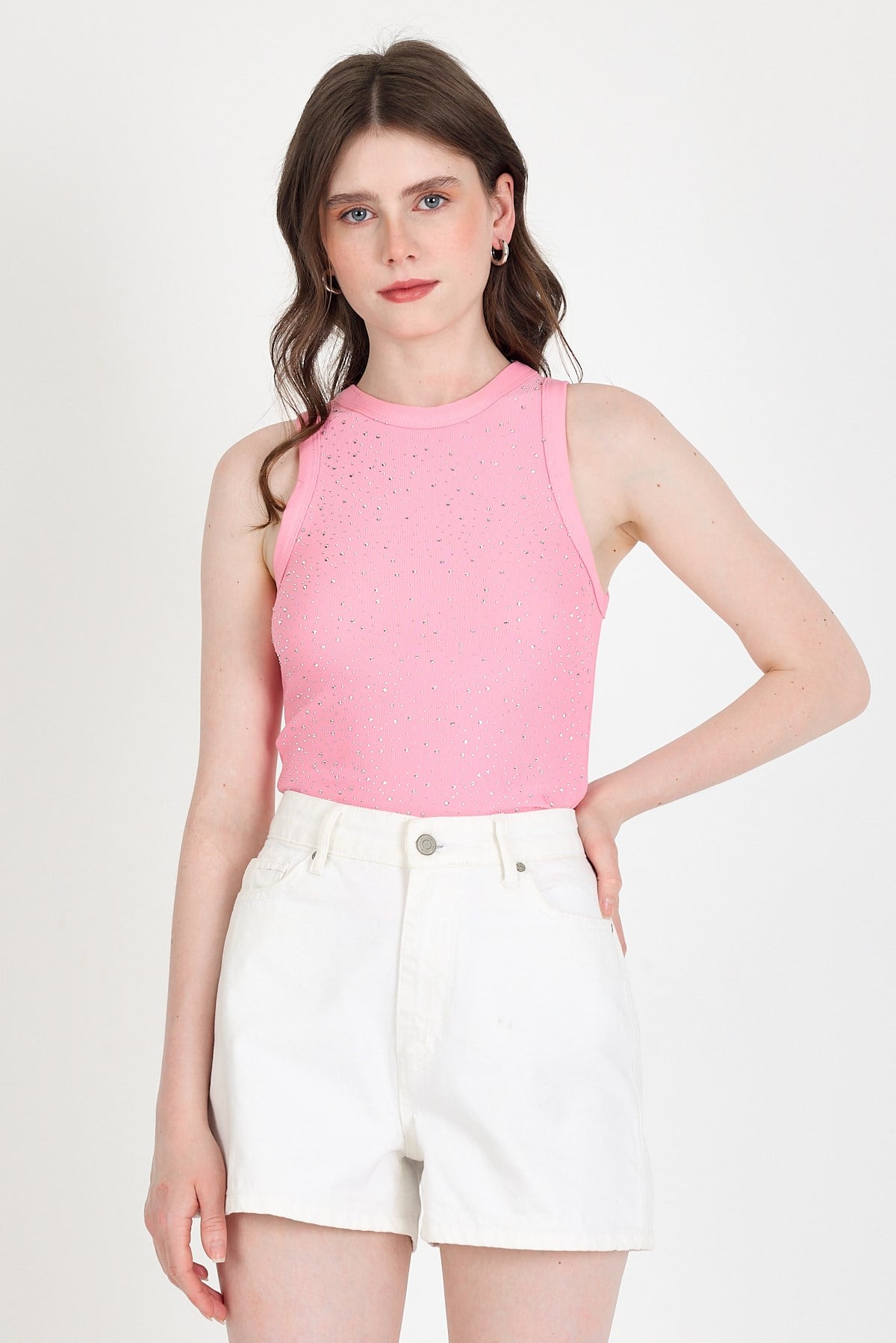 Pembe Taş İşleme Detaylı Halter Yaka Örme Atlet 0349