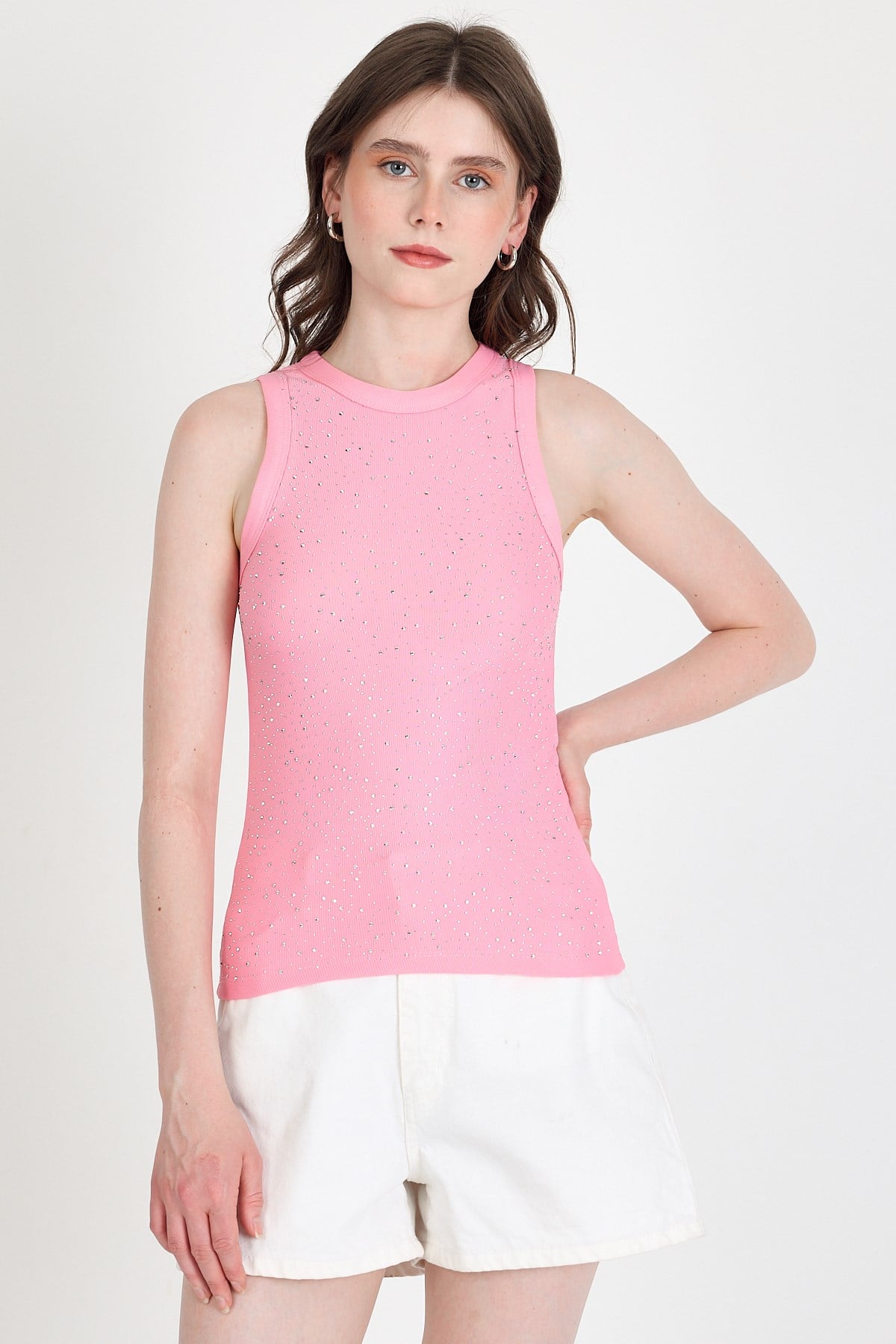 Pembe Taş İşleme Detaylı Halter Yaka Örme Atlet 0349