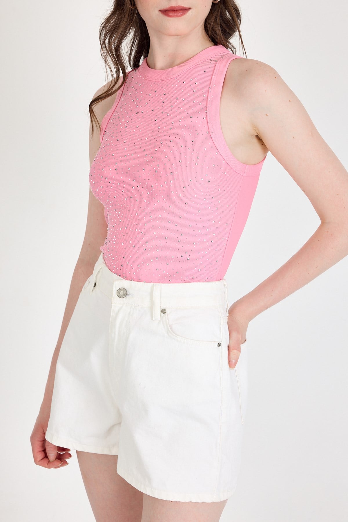 Pembe Taş İşleme Detaylı Halter Yaka Örme Atlet 0349