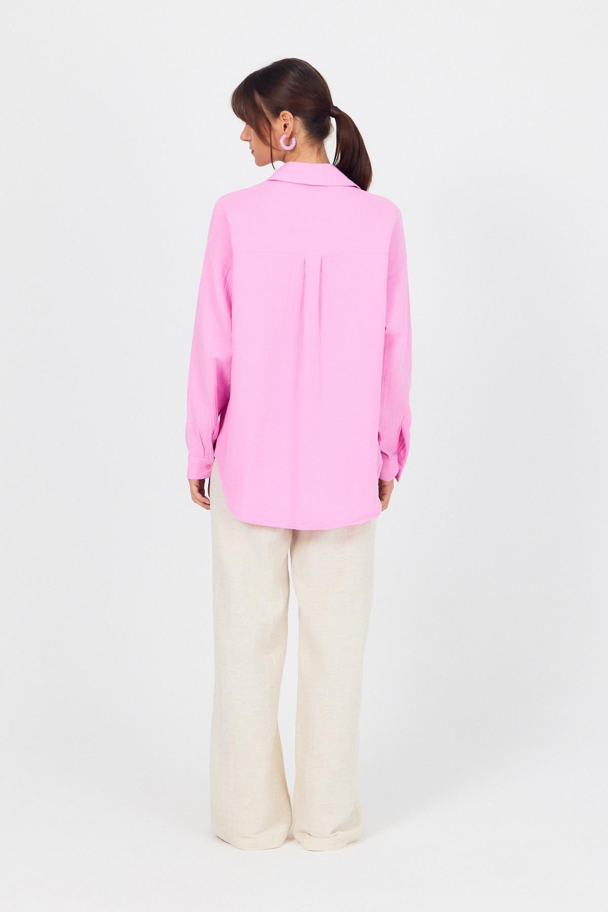 Pembe Tek Cepli %100 Pamuk Oversize Müslin Gömlek 4697A