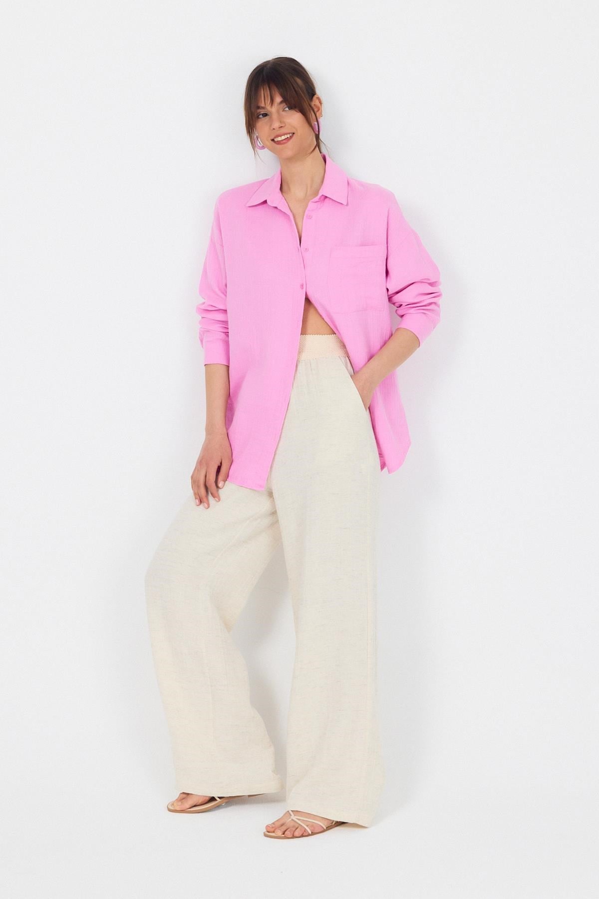 Pembe Tek Cepli %100 Pamuk Oversize Müslin Gömlek 4697A
