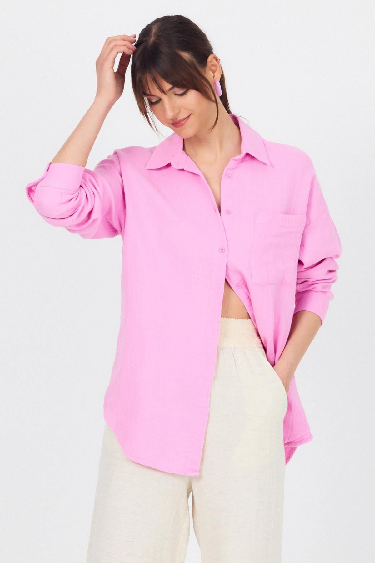Pembe Tek Cepli %100 Pamuk Oversize Müslin Gömlek 4697A