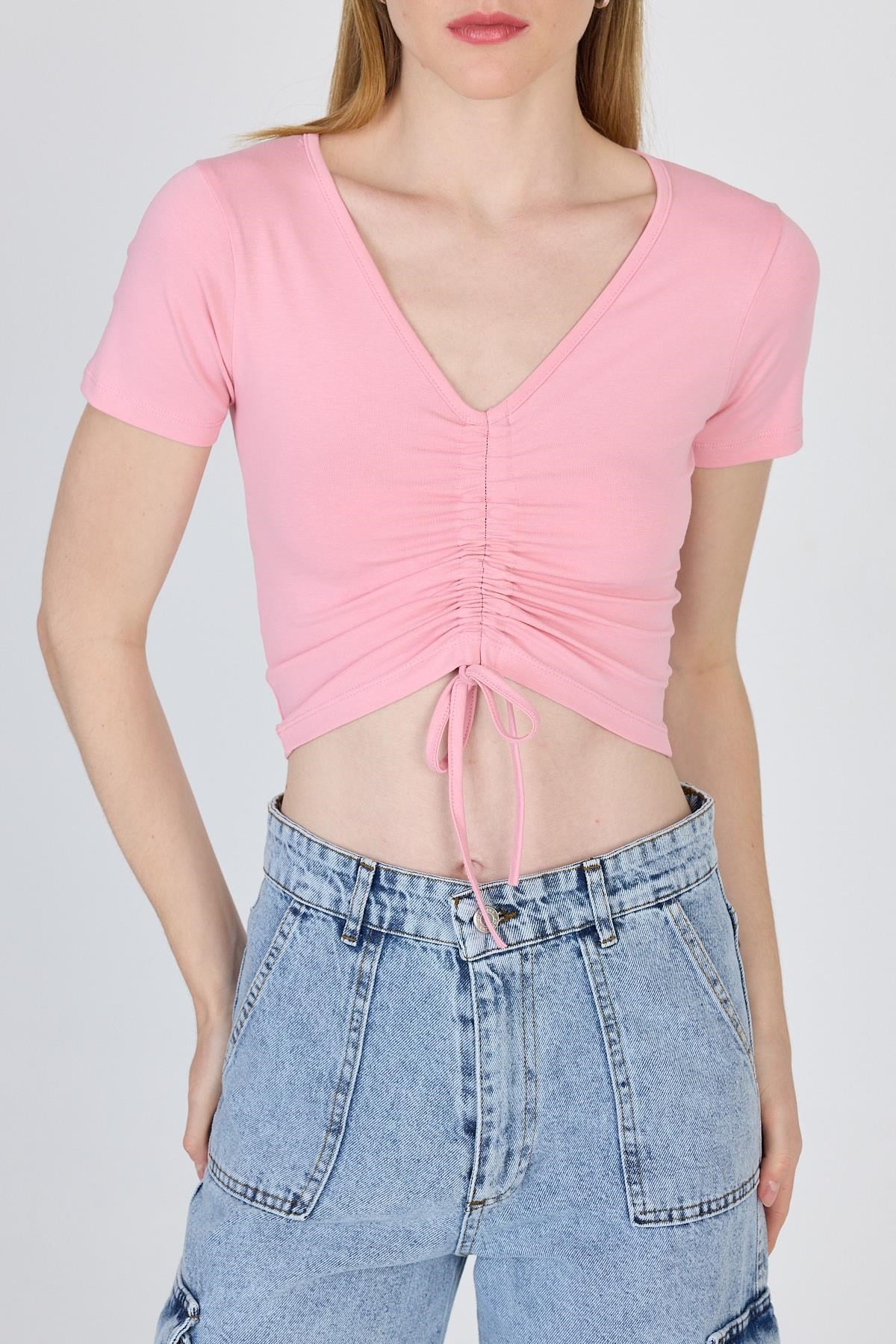 Pembe V Yaka Büzgülü Crop Tişört 9201M