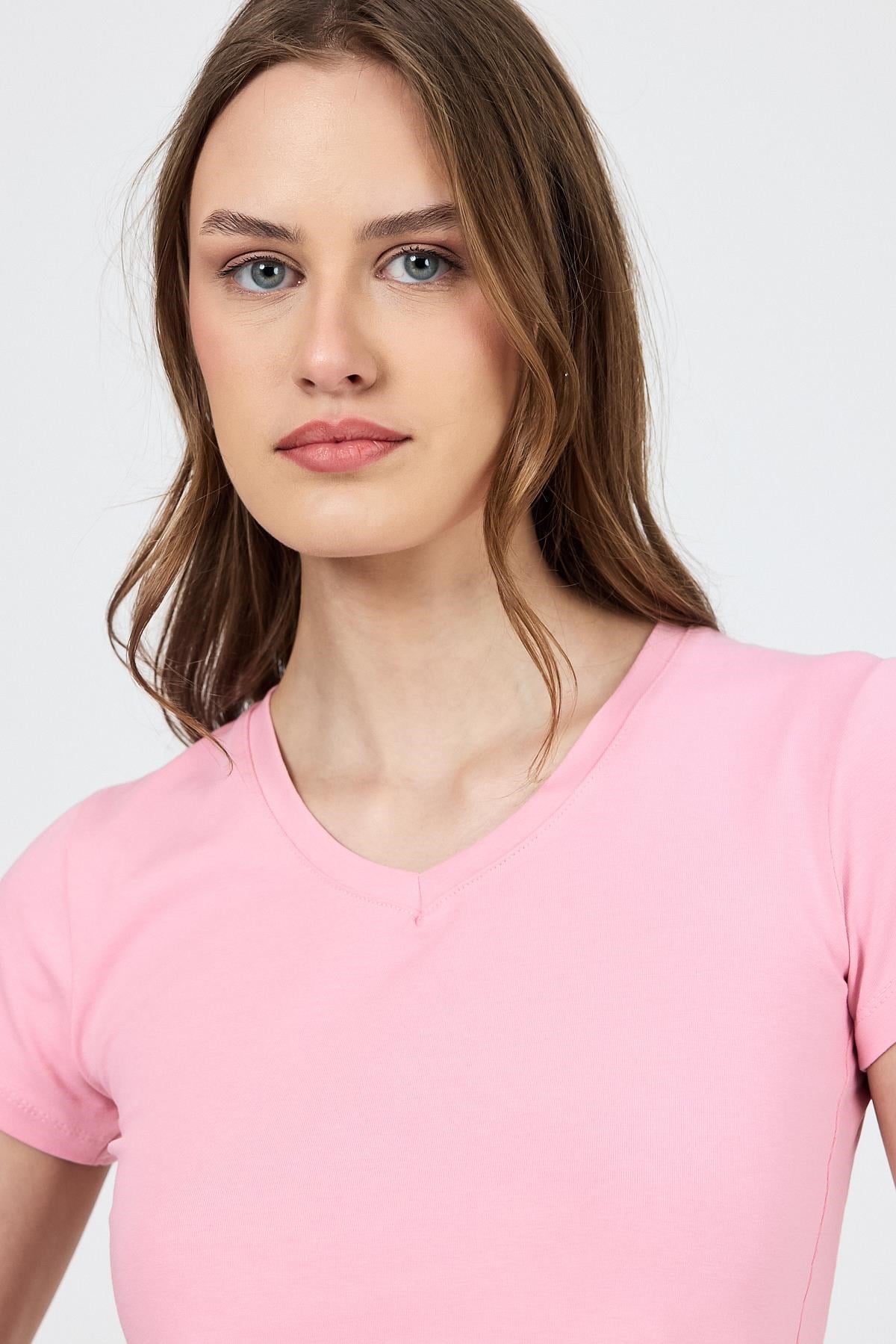 Pembe V Yaka Slim Fit Tişört 2215
