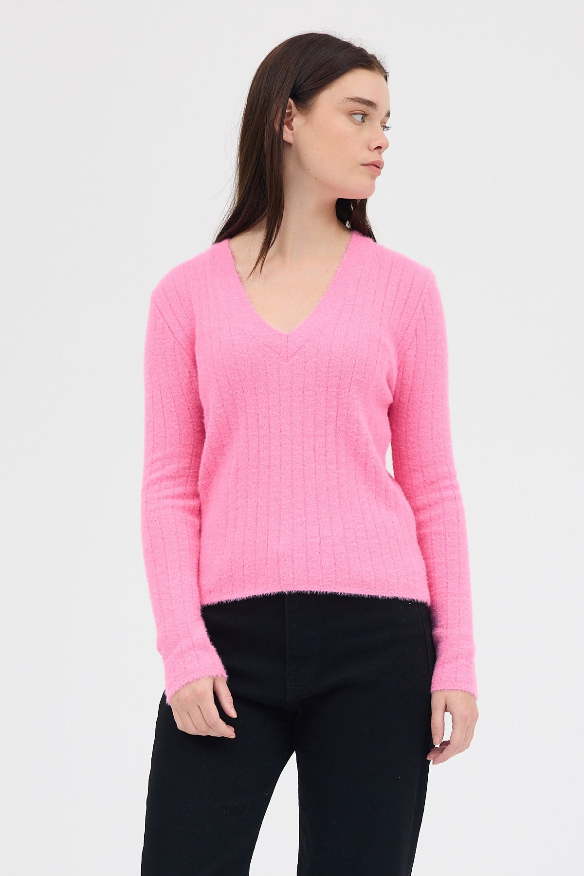 Pembe V Yaka Triko Kadın Kazak 2217