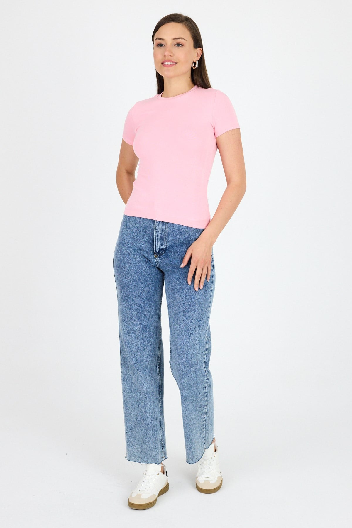 Pembe Viskoz/Yumuşak Kumaş Slim Fit Tişört 1468