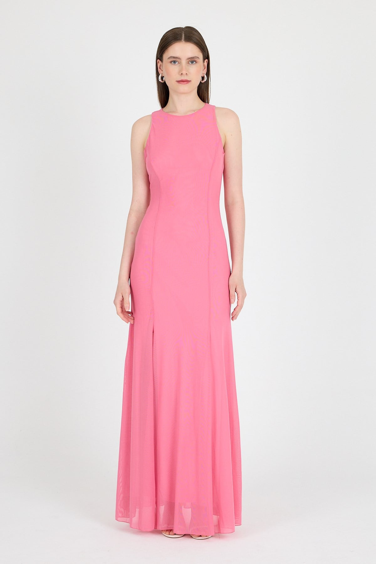 Pembe Yandan Yırtmaçlı Tül Uzun Elbise 251657