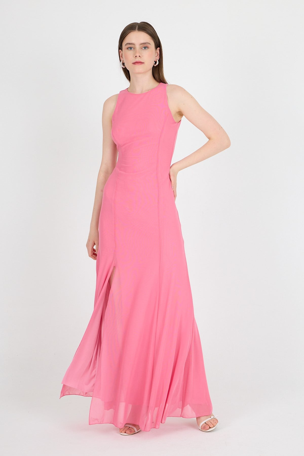 Pembe Yandan Yırtmaçlı Tül Uzun Elbise 251657