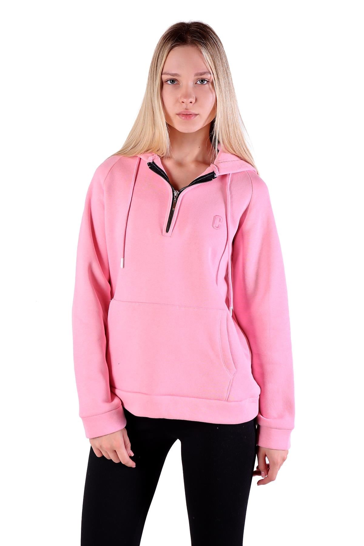 Pembe Yarım Fermuar Detay Cepli Sweat 9140M