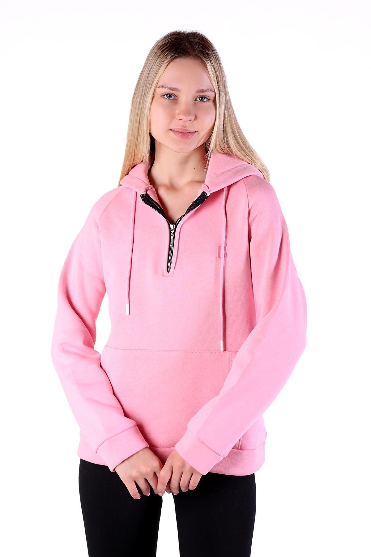 Pembe Yarım Fermuar Detay Cepli Sweat 9140M