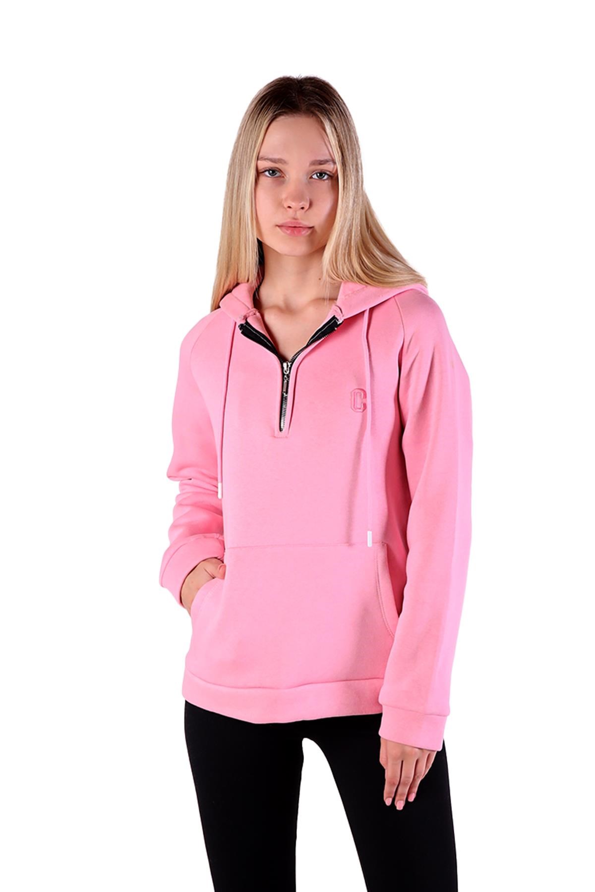 Pembe Yarım Fermuar Detay Cepli Sweat 9140M
