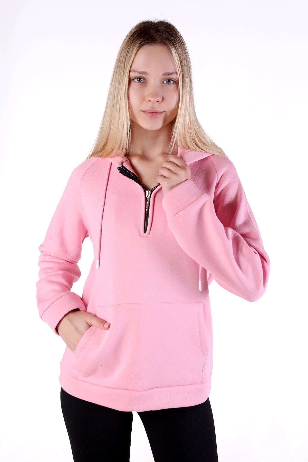 Pembe Yarım Fermuar Detay Cepli Sweat 9140M