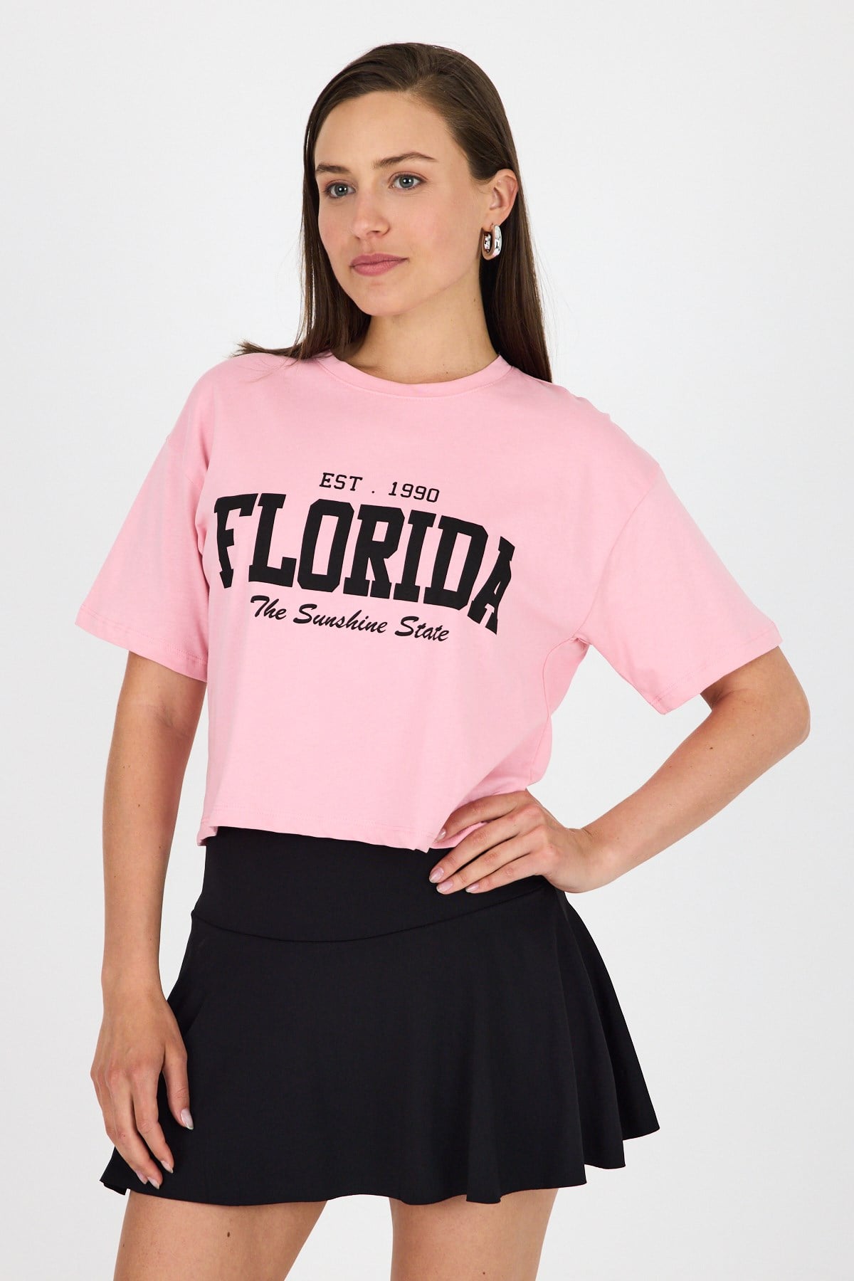 Pembe Yazı Baskılı %100 Pamuk Crop Tişört 9188M