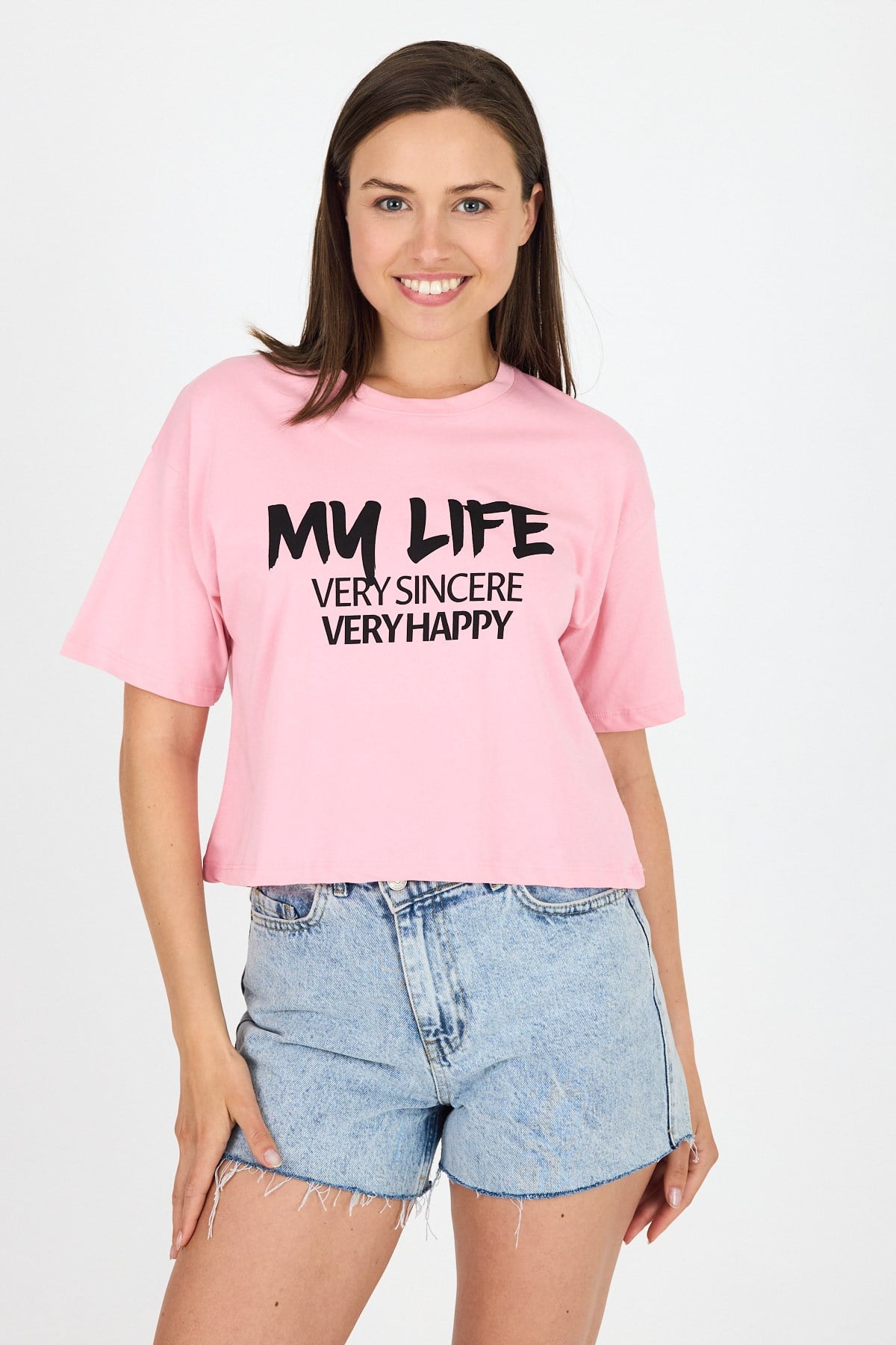 Pembe Yazı Baskılı %100 Pamuk Crop Tişört 9187M