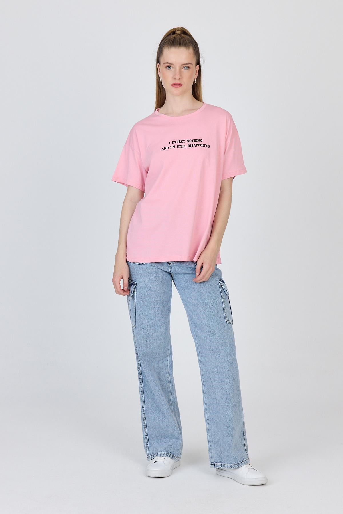 Pembe Yazı Baskılı %100 Pamuk Oversize Tişört 2150-8M