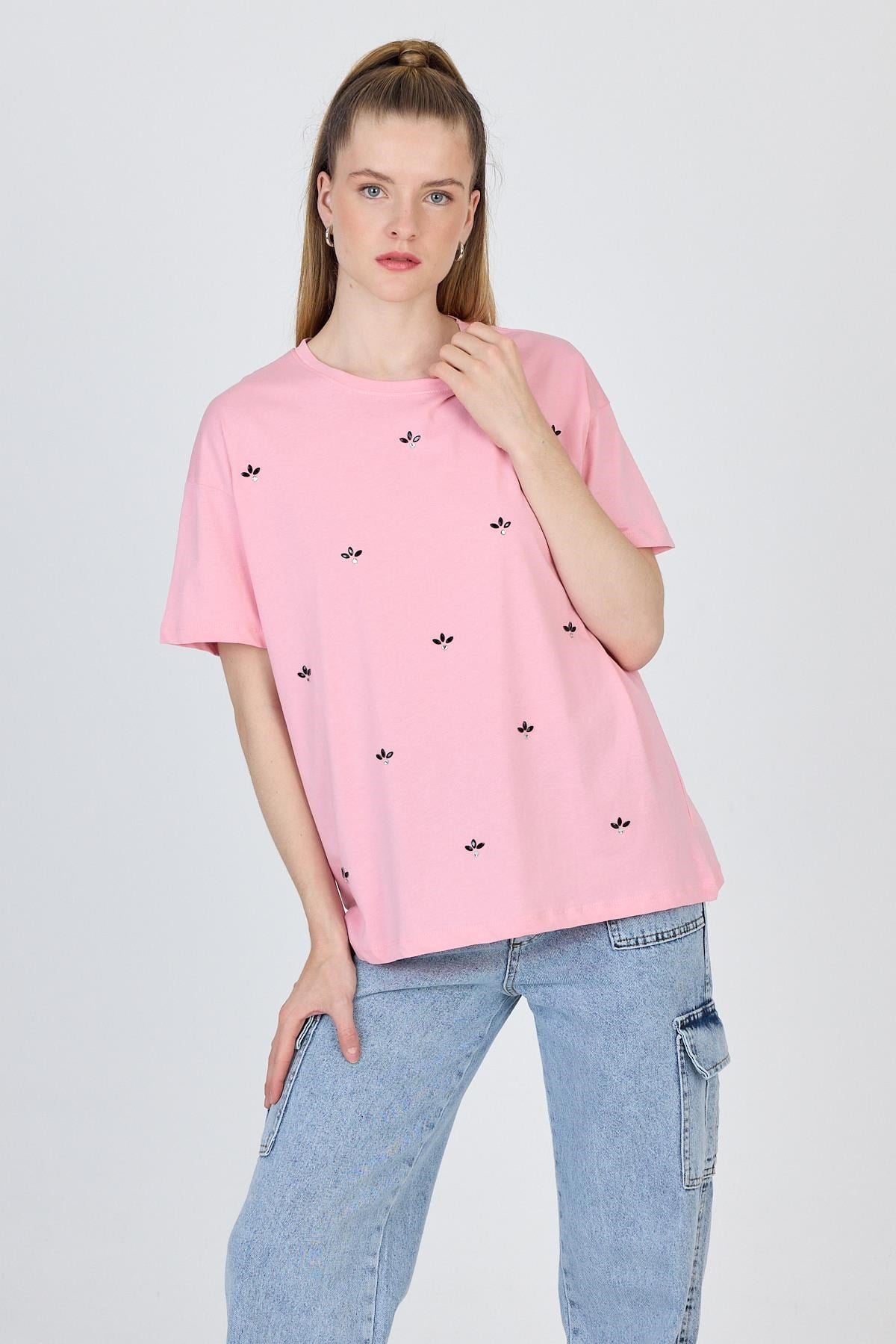 Pembe Yazı Baskılı %100 Pamuk Oversize Tişört 2150-18M