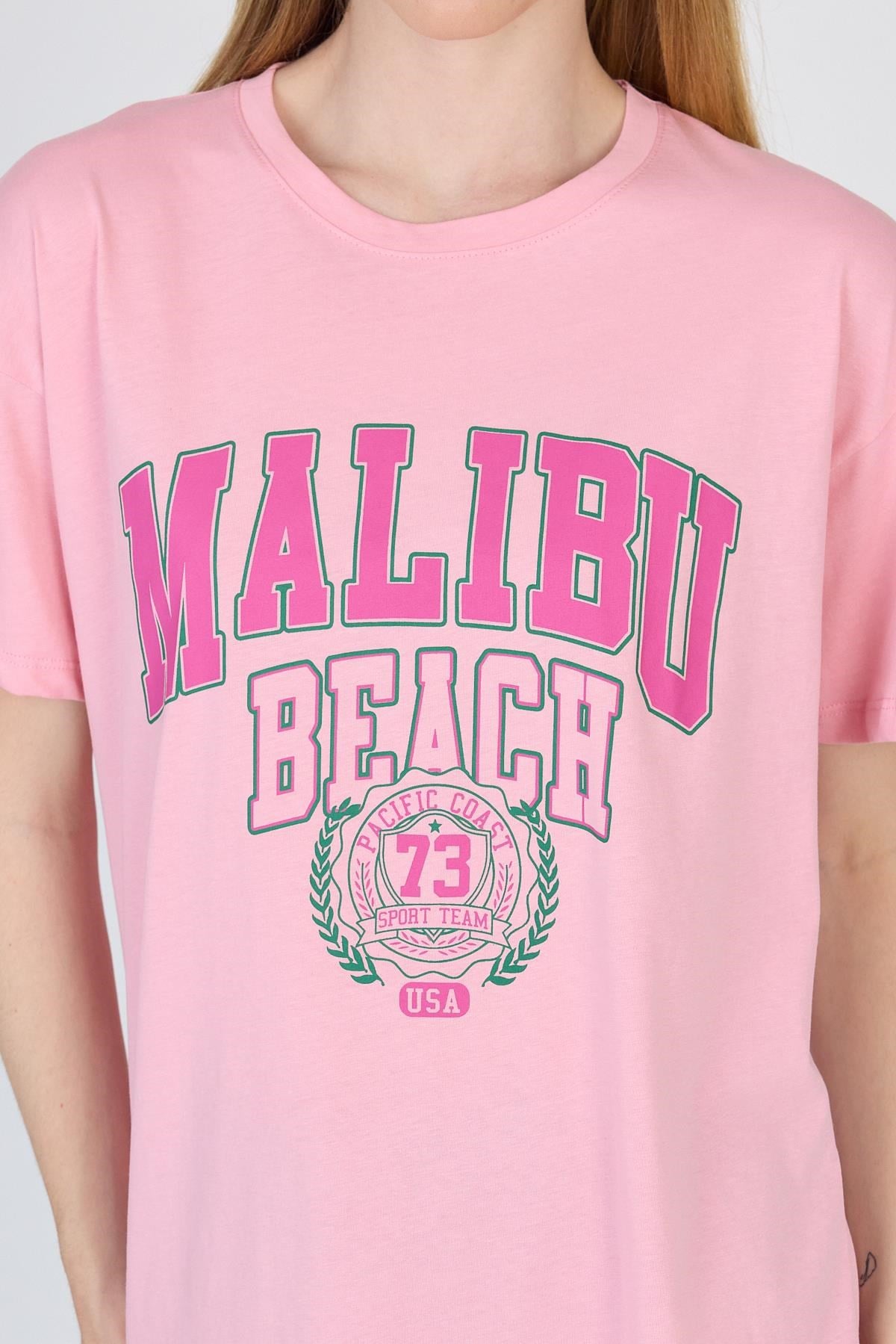Pembe Yazı Baskılı %100 Pamuk Oversize Tişört 2150-17M
