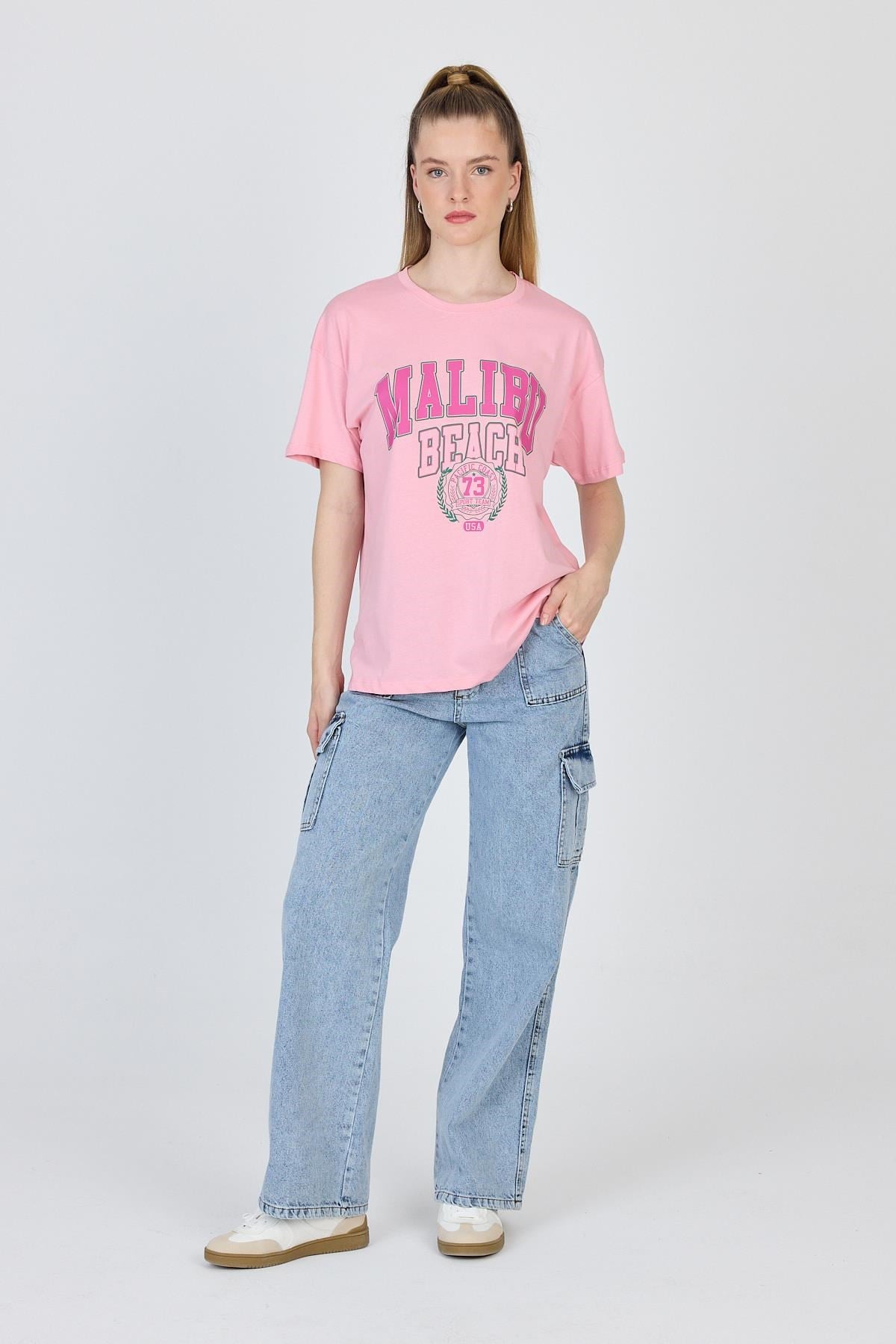 Pembe Yazı Baskılı %100 Pamuk Oversize Tişört 2150-17M