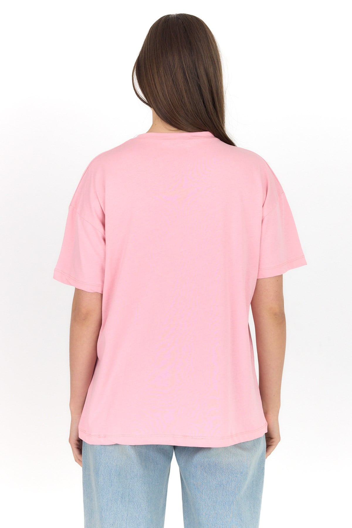 Pembe Yazı Baskılı %100 Pamuk Oversize Tişört 2150-10M