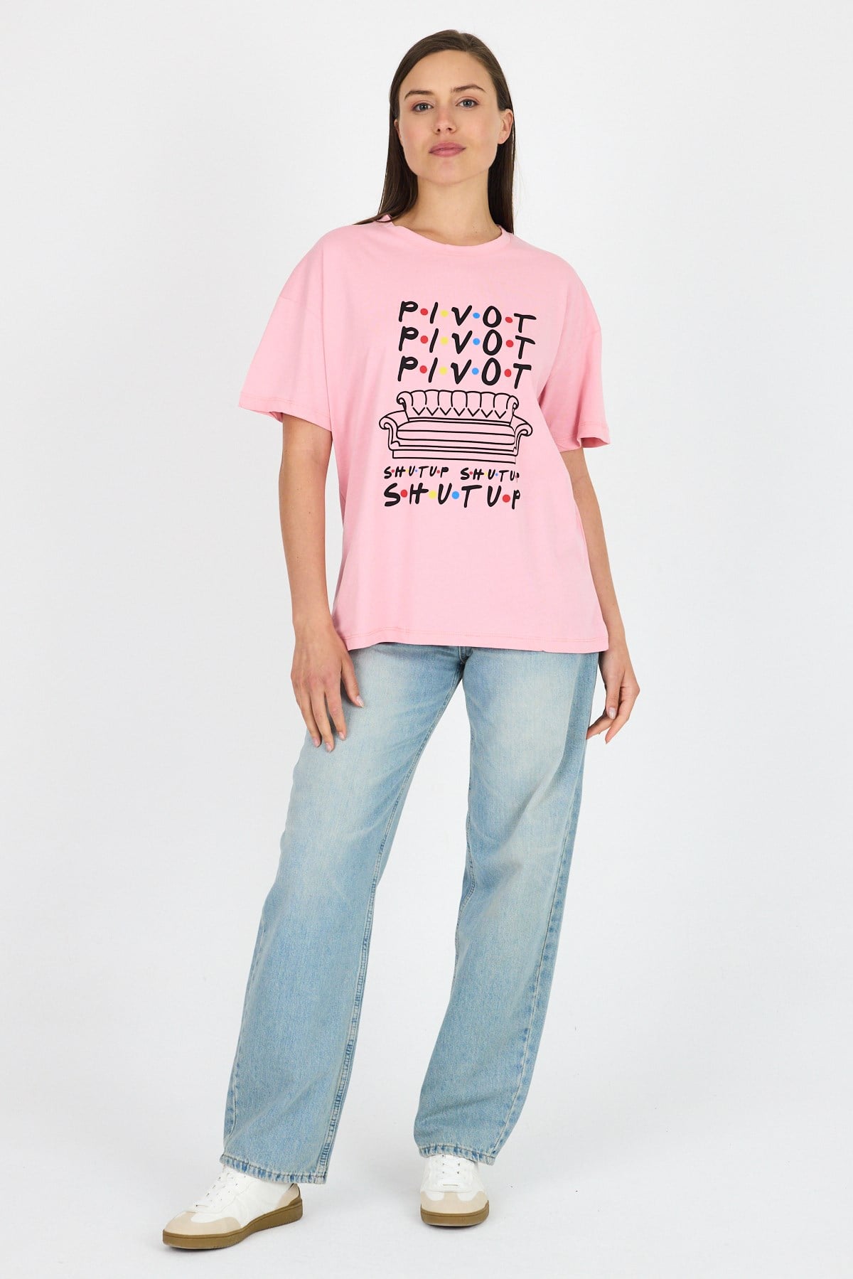 Pembe Yazı Baskılı %100 Pamuk Oversize Tişört 2150-10M