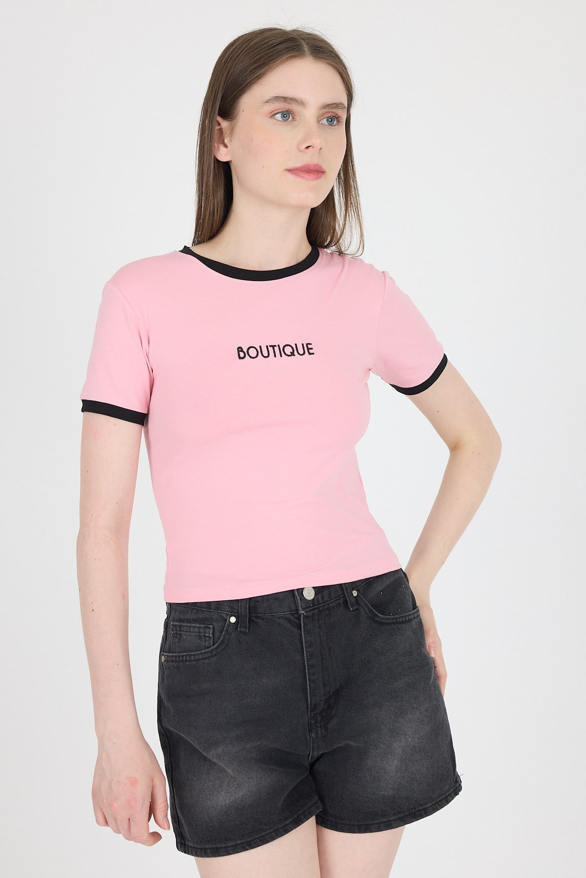 Pembe Yazı Baskılı Biyeli Pamuklu Slim Fit Tişört 9192M