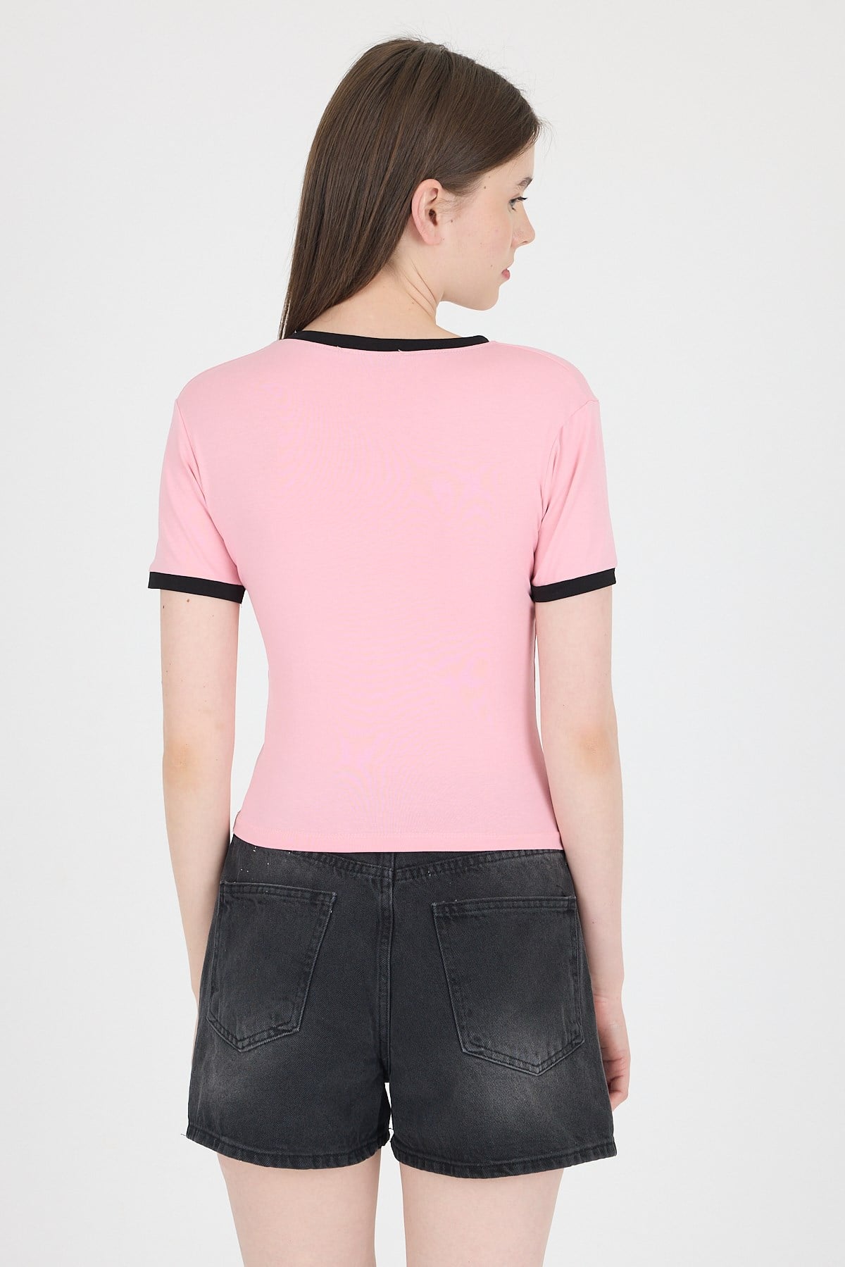 Pembe Yazı Baskılı Biyeli Pamuklu Slim Fit Tişört 9192M