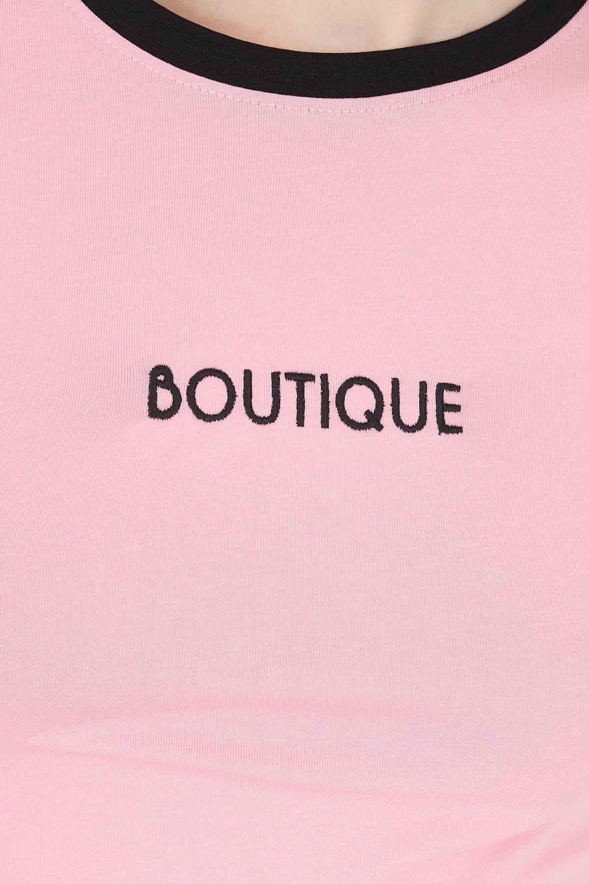 Pembe Yazı Baskılı Biyeli Pamuklu Slim Fit Tişört 9192M