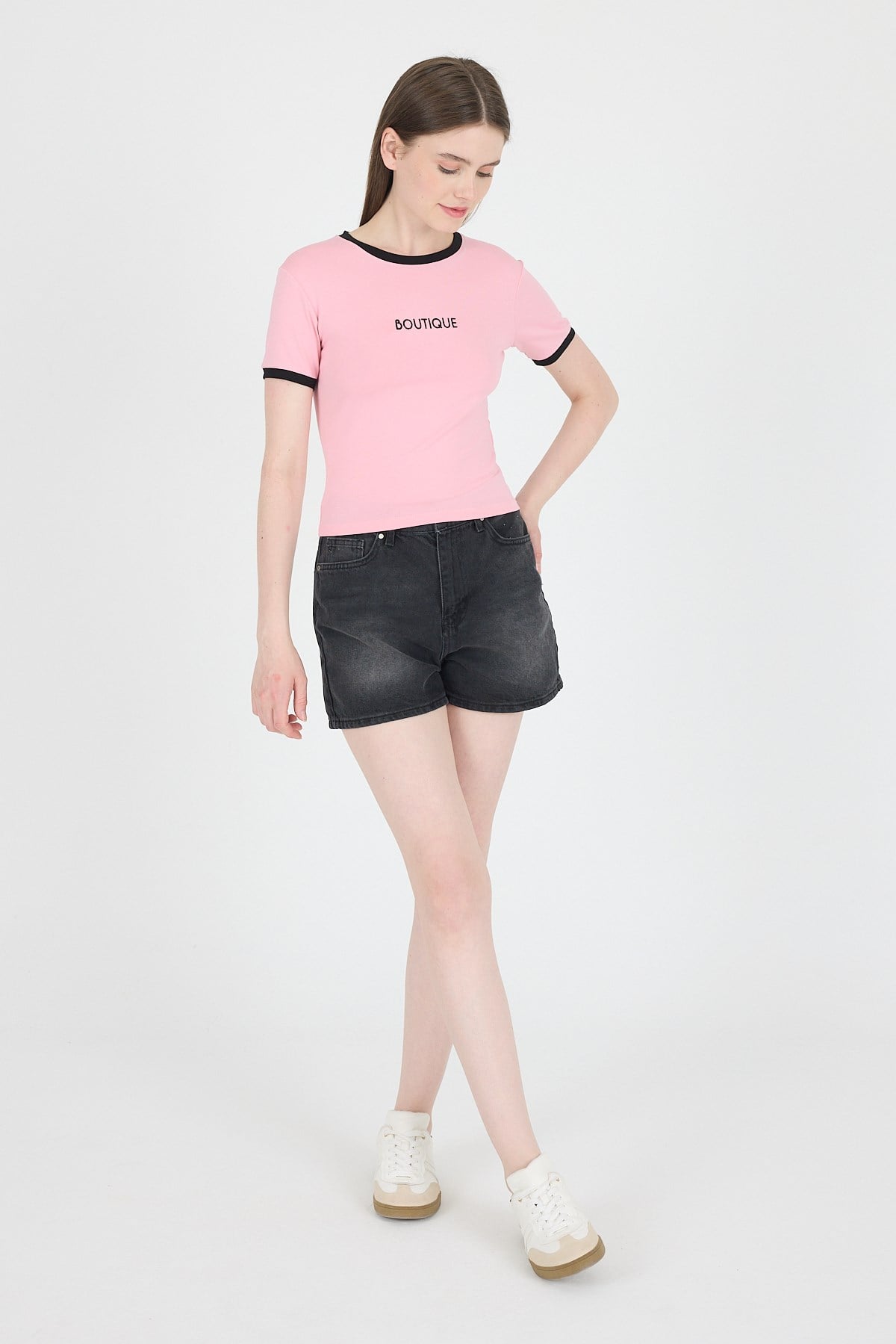 Pembe Yazı Baskılı Biyeli Pamuklu Slim Fit Tişört 9192M