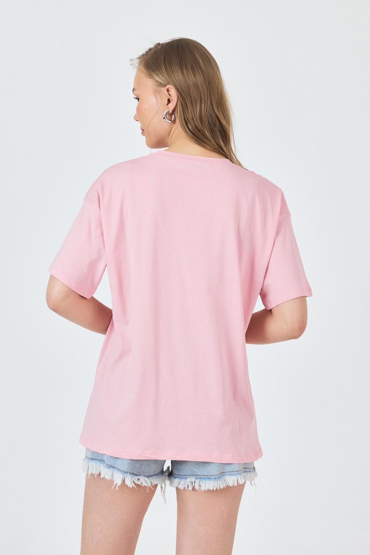 Pembe Yazı Baskılı Oversize Pamuklu Tişört 2150-32M