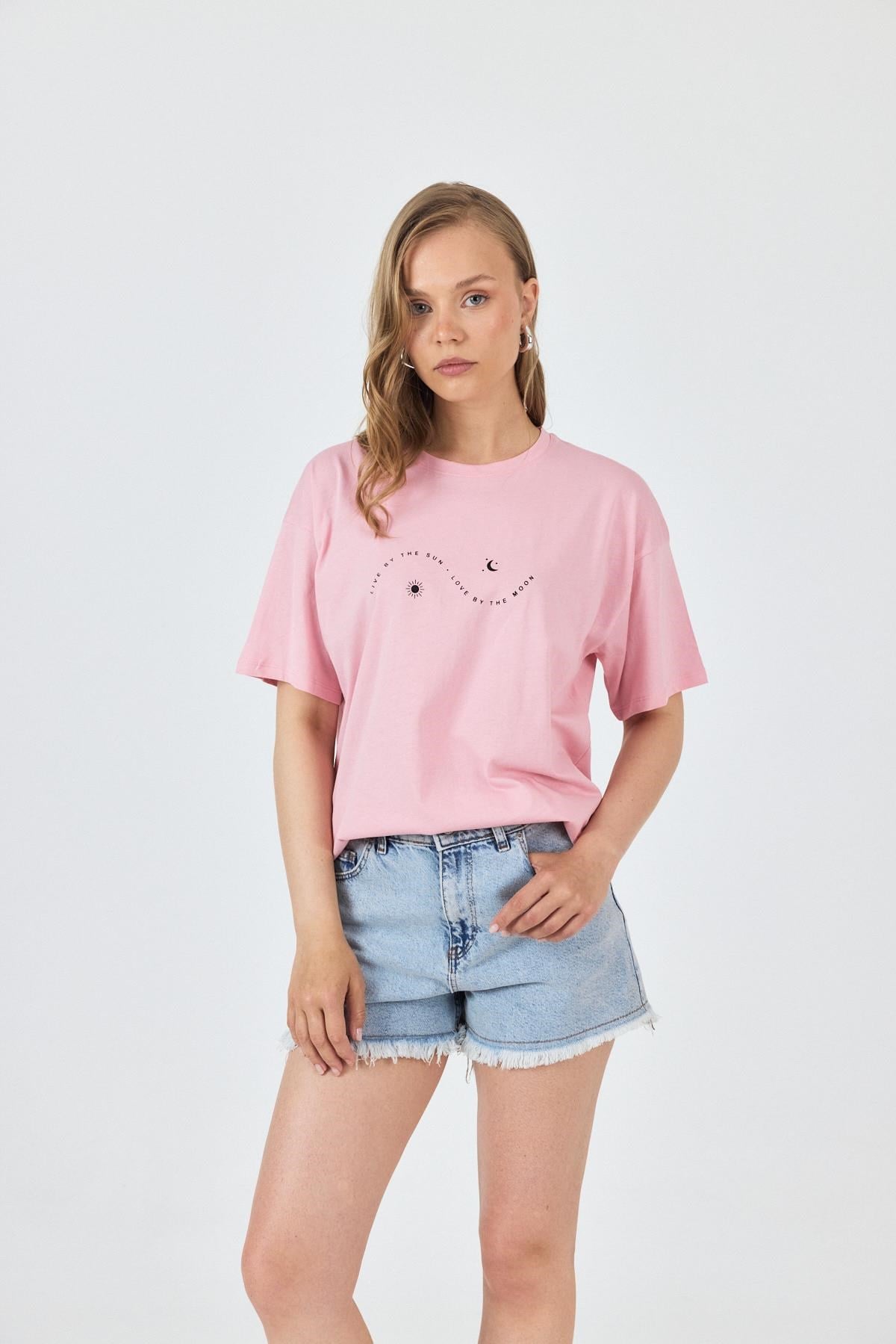 Pembe Yazı Baskılı Oversize Pamuklu Tişört 2150-32M