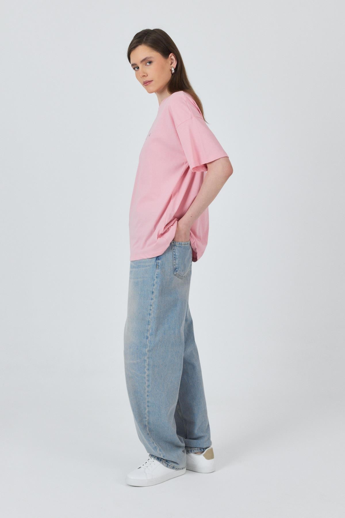 Pembe Yazı Baskılı Pamuklu Oversize Tişört 2150-3M