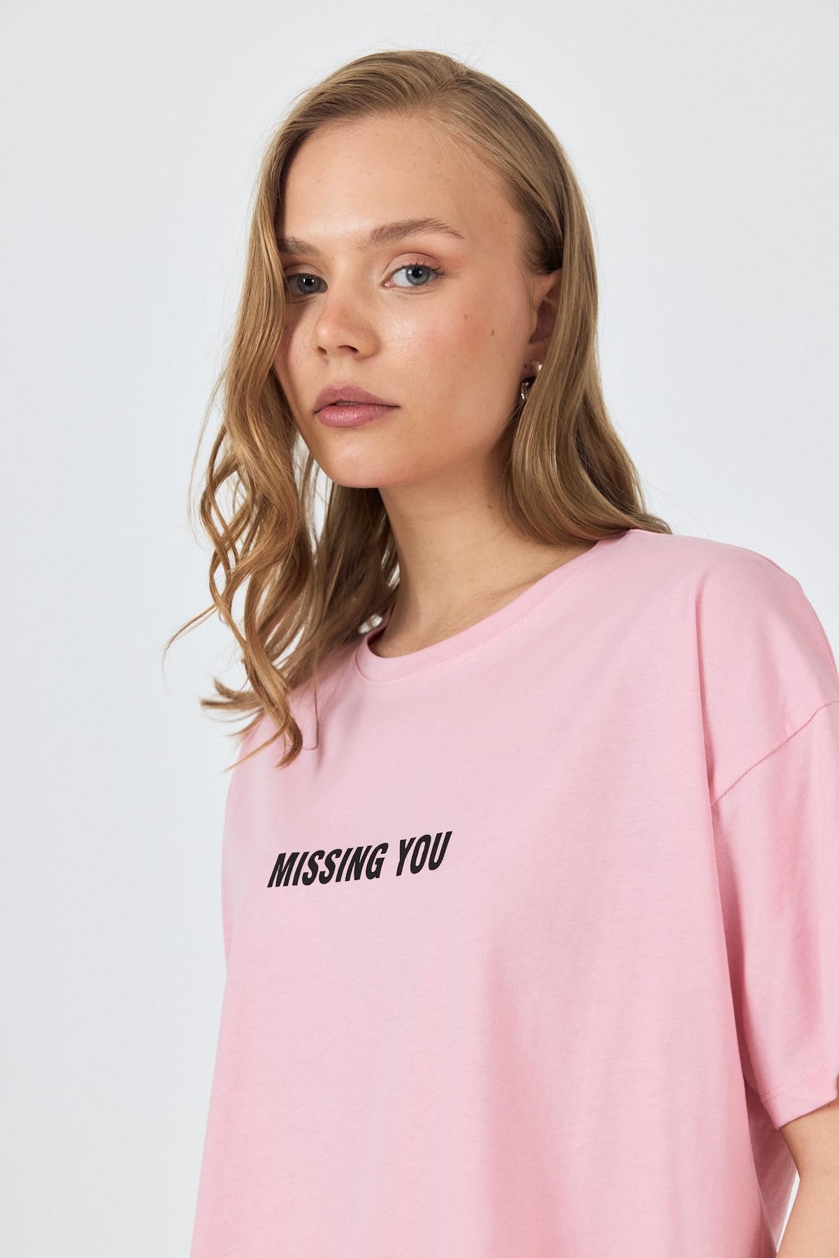 Pembe Yazı Baskılı Pamuklu Oversize Tişört 2150-6M
