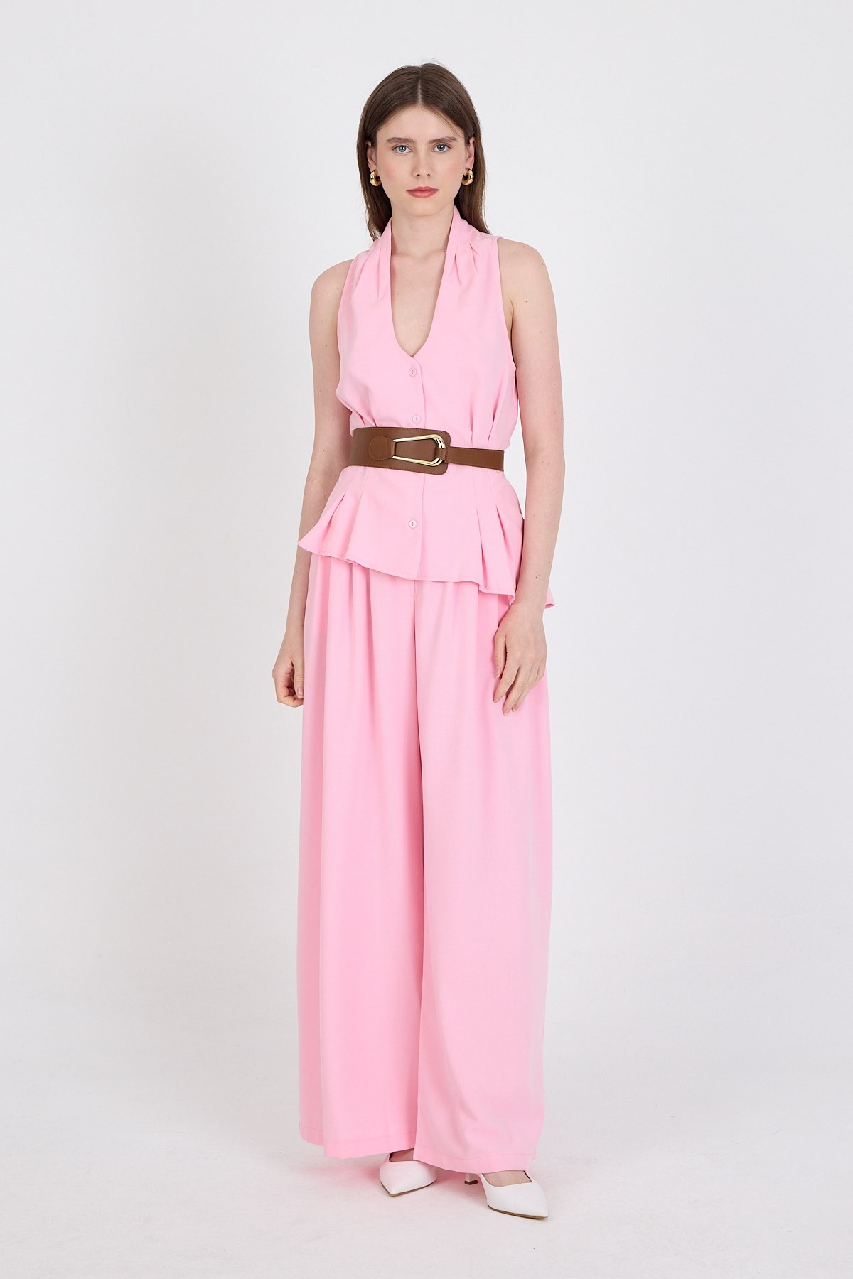 Pembe Yelekli Kemerli Pantolon Takım 5254