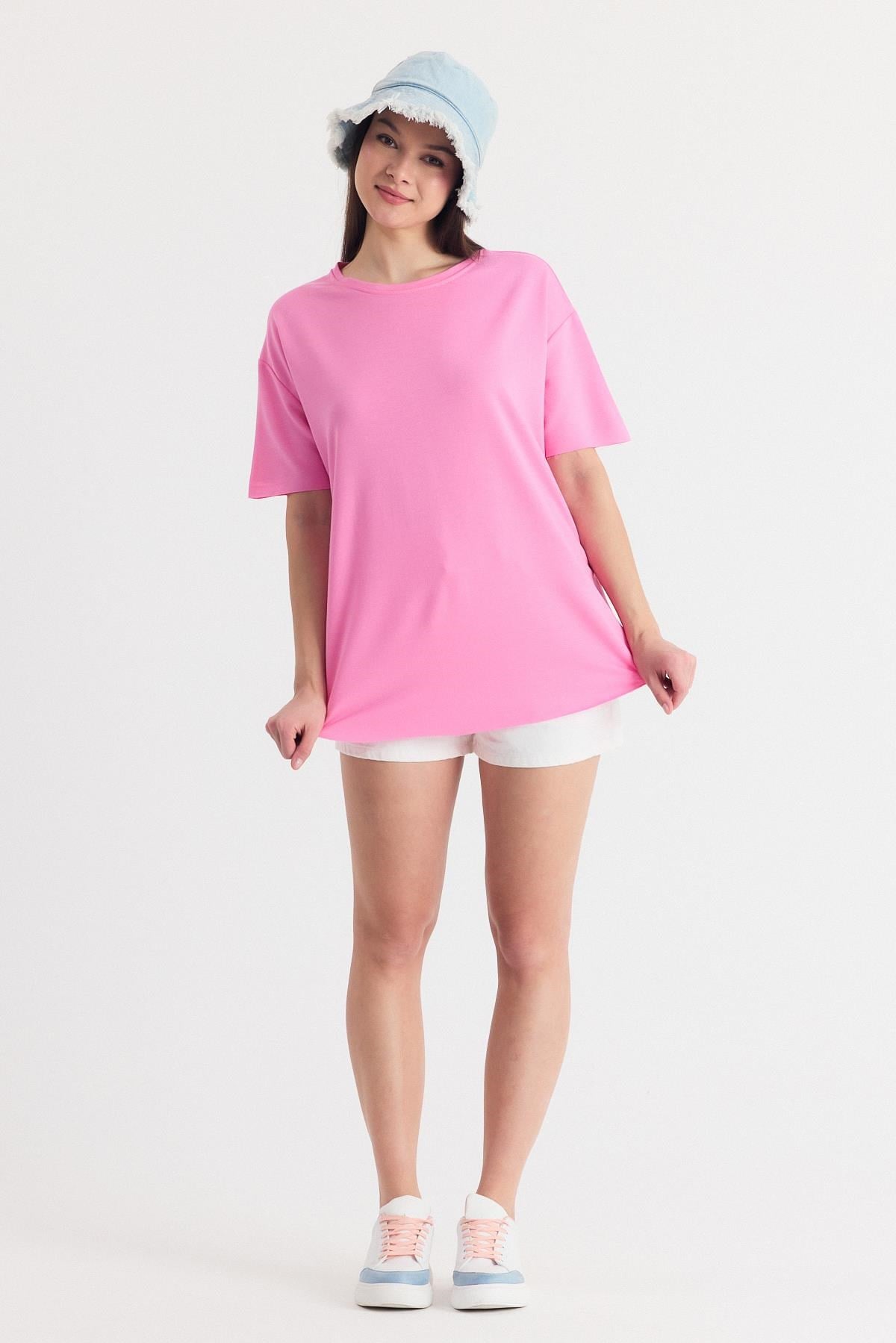 Pembe Yumuşak Dokulu Esnek Premium Kumaş Lazer Kesim Oversize Tişört 1868