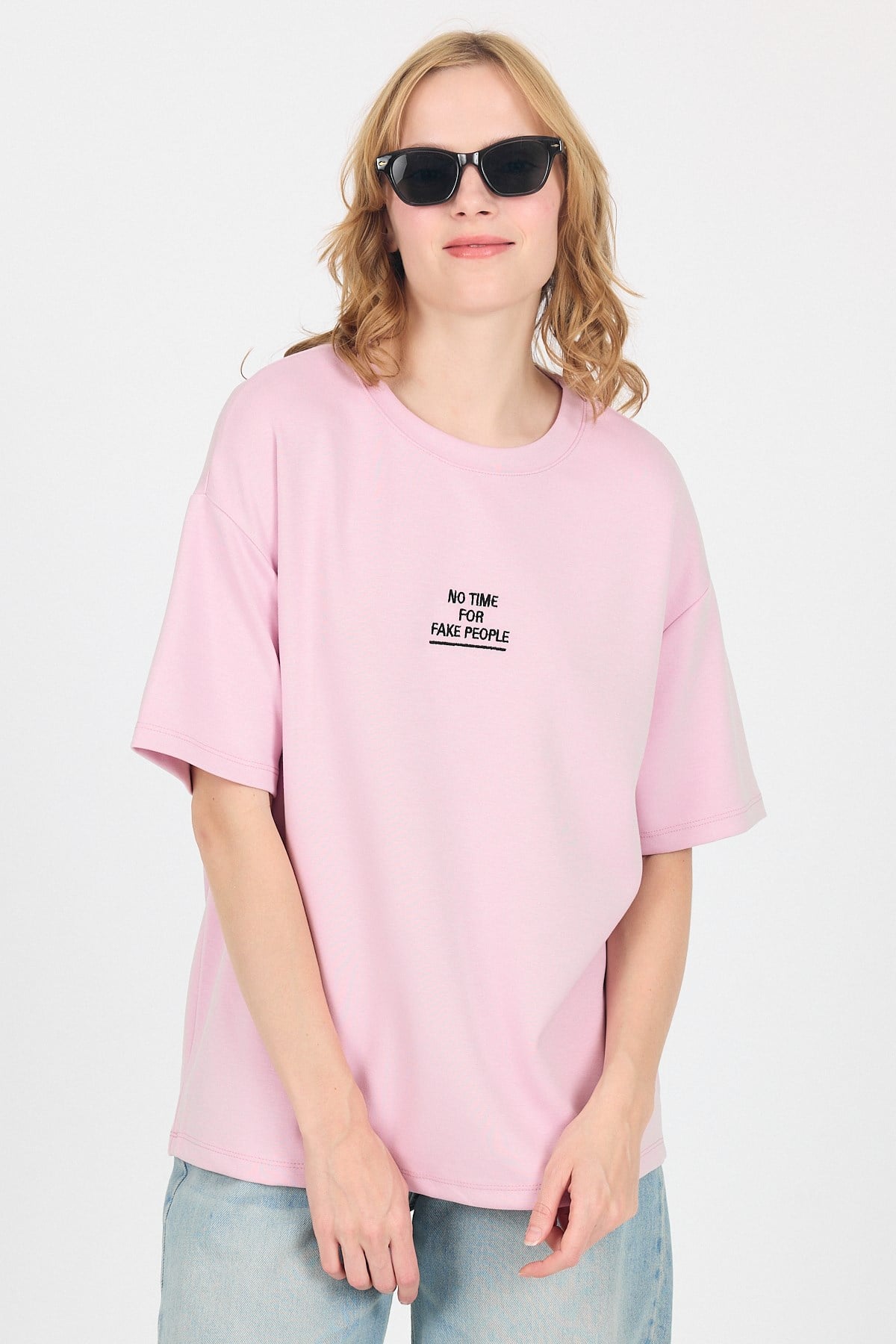 Pembe Yumuşak Dokulu Yazı Baskılı Oversize Tişört 6265