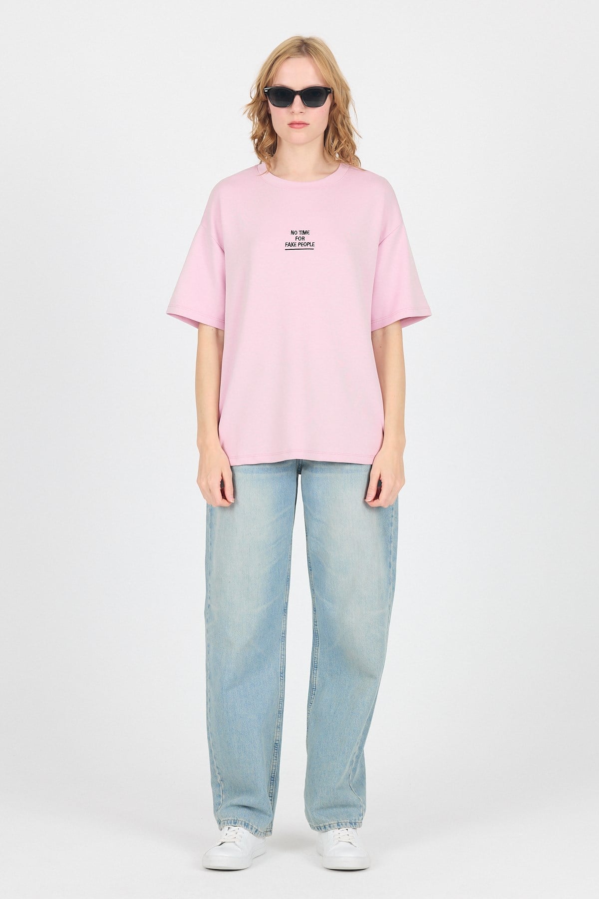 Pembe Yumuşak Dokulu Yazı Baskılı Oversize Tişört 6265