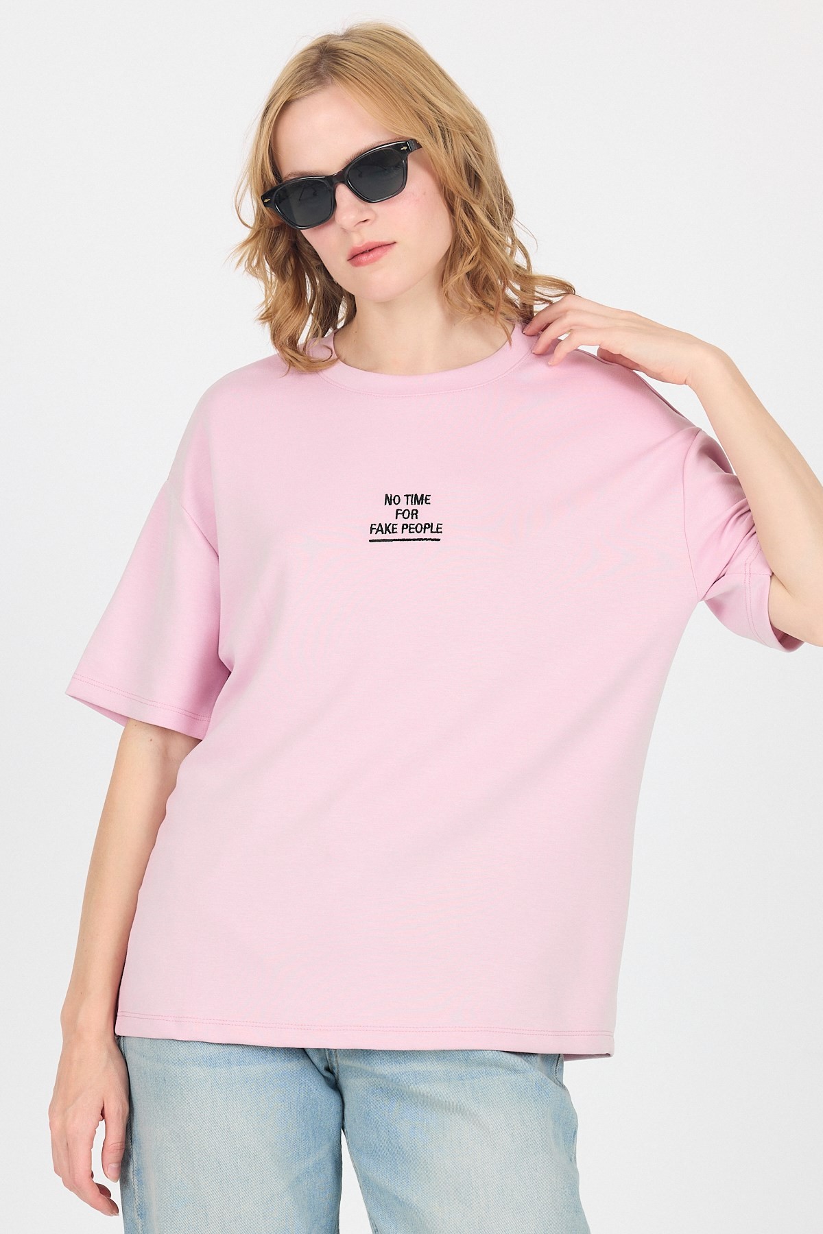Pembe Yumuşak Dokulu Yazı Baskılı Oversize Tişört 6265