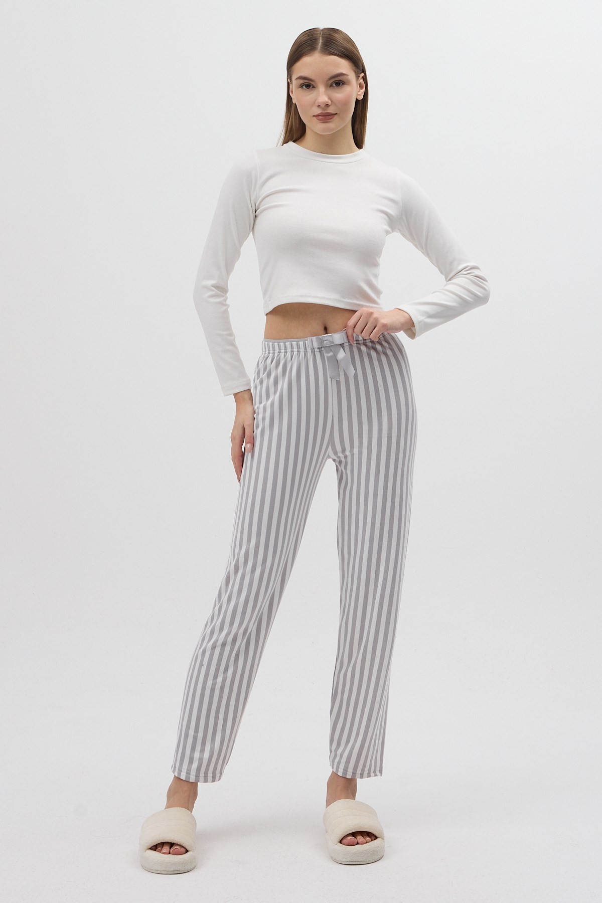 Pijama-Gri Çizgili Bel Bağlamalı İpli Kadın Pijama Altı 4527-rulem