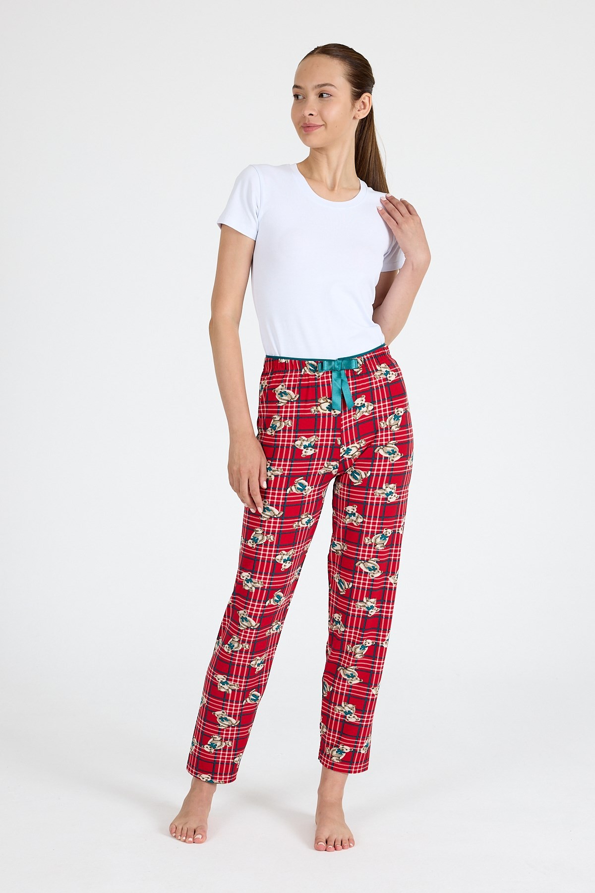 Pijama-Kırmızı Ayıcık Desenli Örme Pijama Altı 4519-rulem