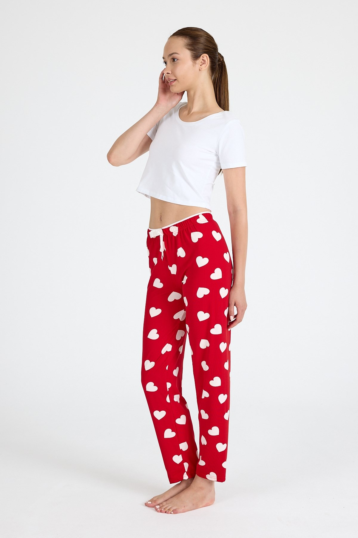 Pijama-Kırmızı Kalp Desenli Örme Pijama Altı 4522-rulem