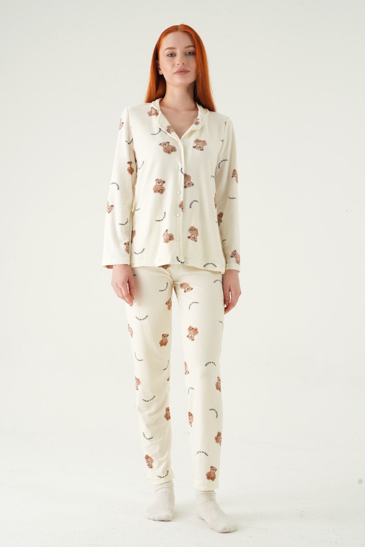 Pijama Takım-Ayıcık Desen Düğmeli Pijama Takımı 3421 Krem -rulem