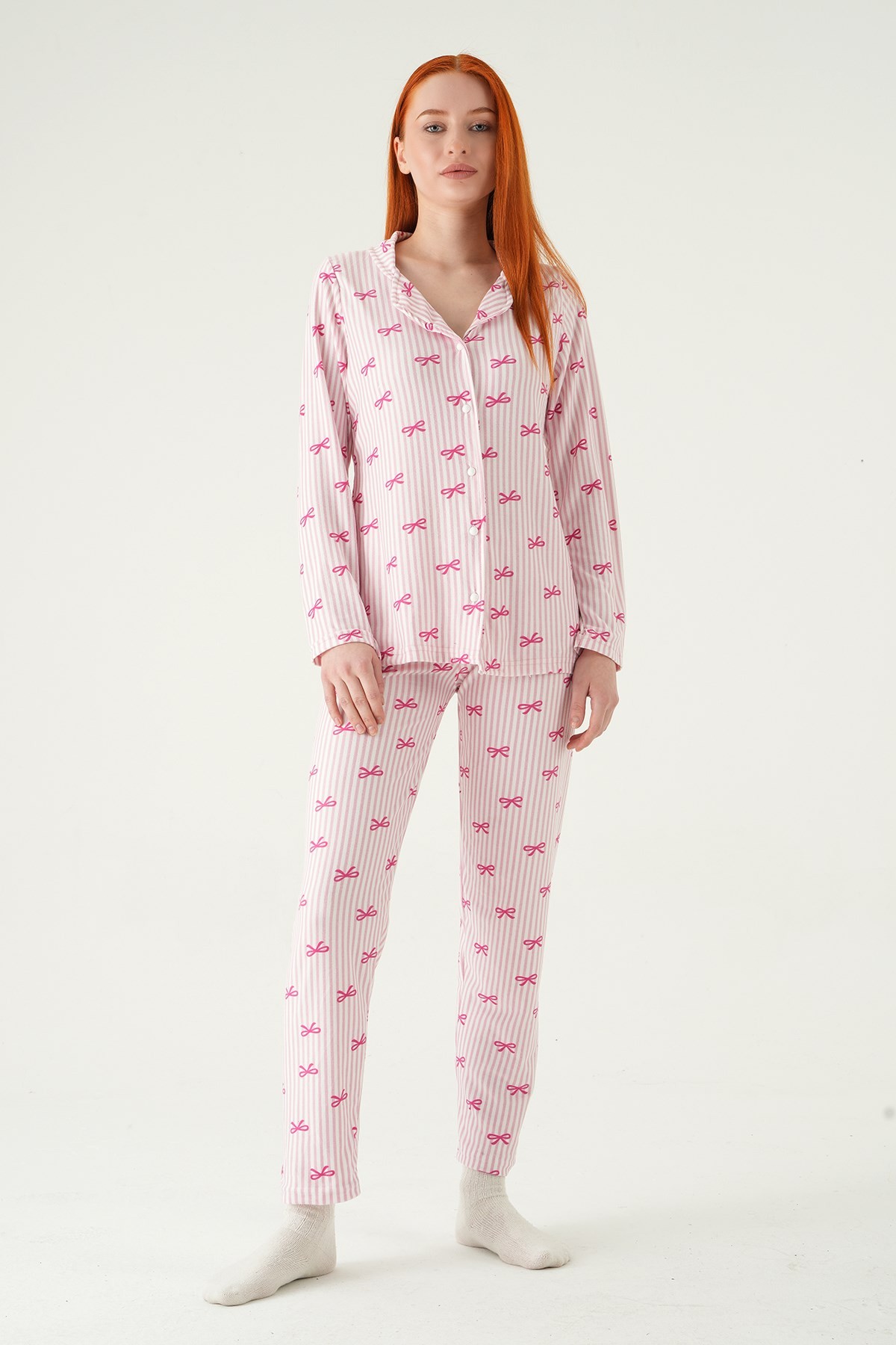Pijama Takım-Fiyonk Desen Düğmeli Pijama Takımı 3412 Pembe -rulem