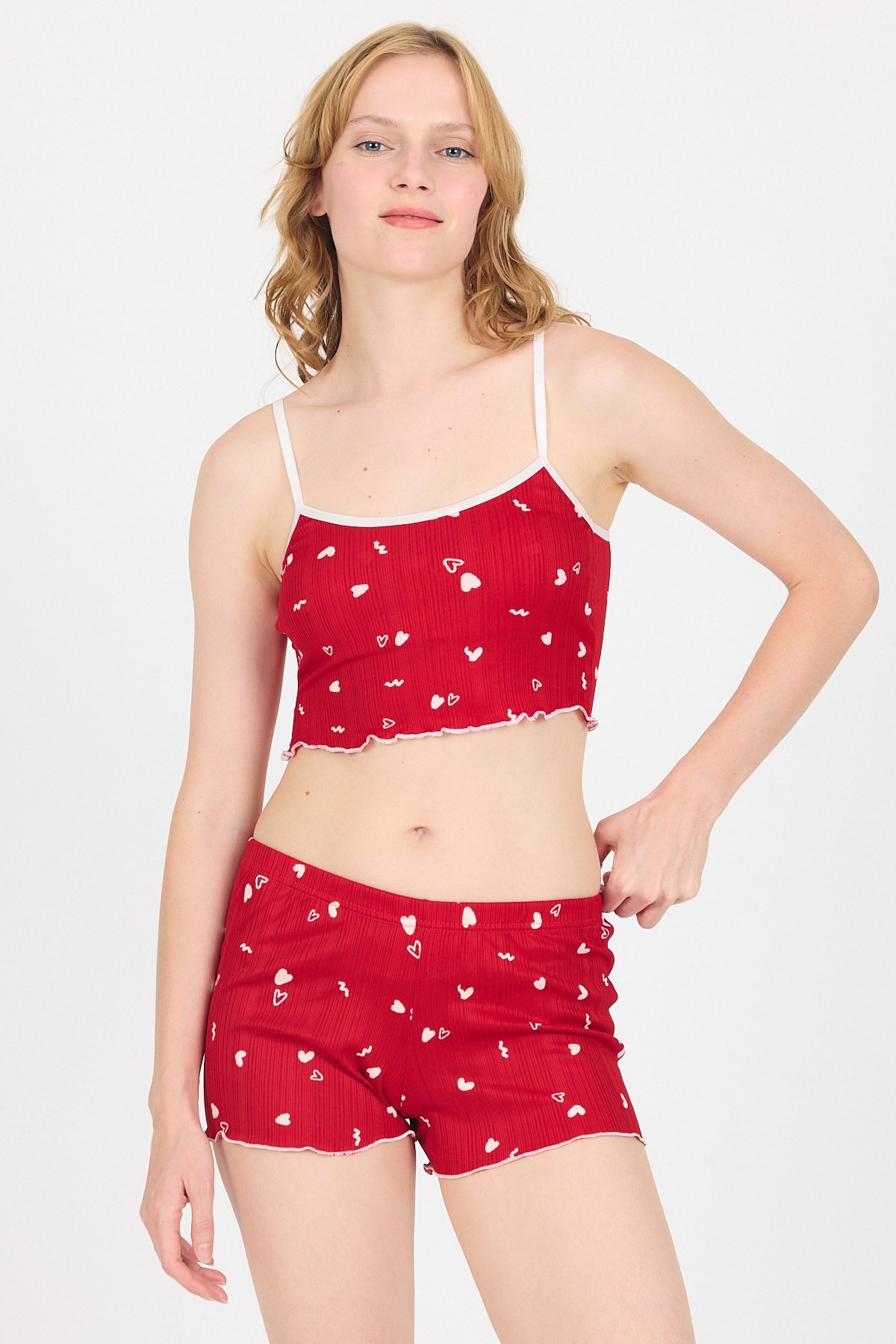Pijama Takım-Kırmızı Kalp Desenli Atlet Şort Takım 3405-rulem