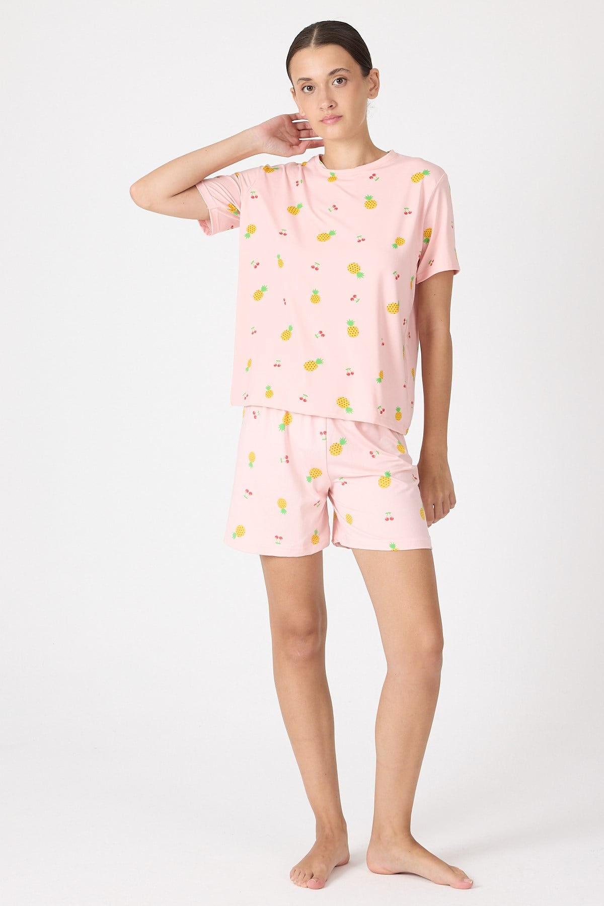 Pijama Takım-Pembe Meyve Desenli Şortlu Pijama Takımı 3420-rulem