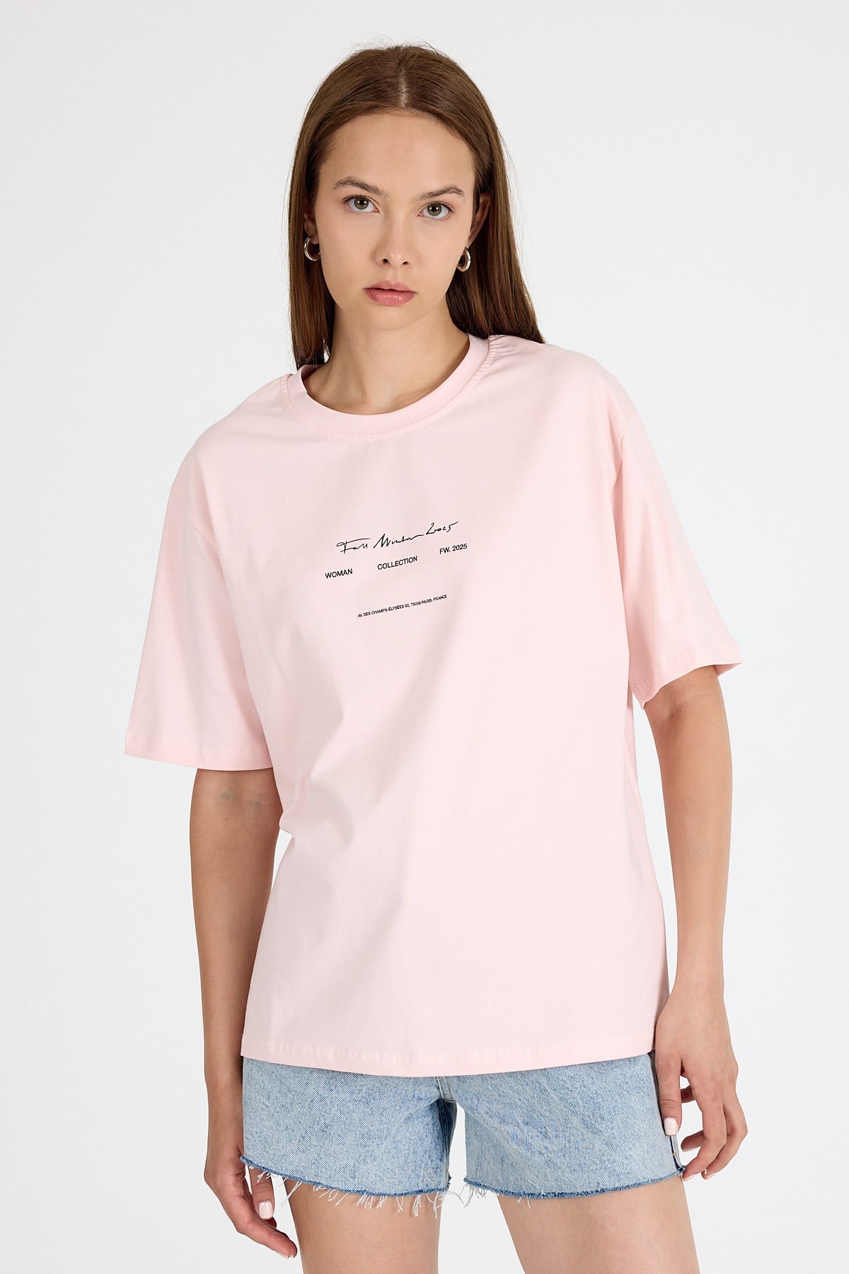 Pudra Bisiklet Yaka Yazı Baskılı Oversize Tişört 5832