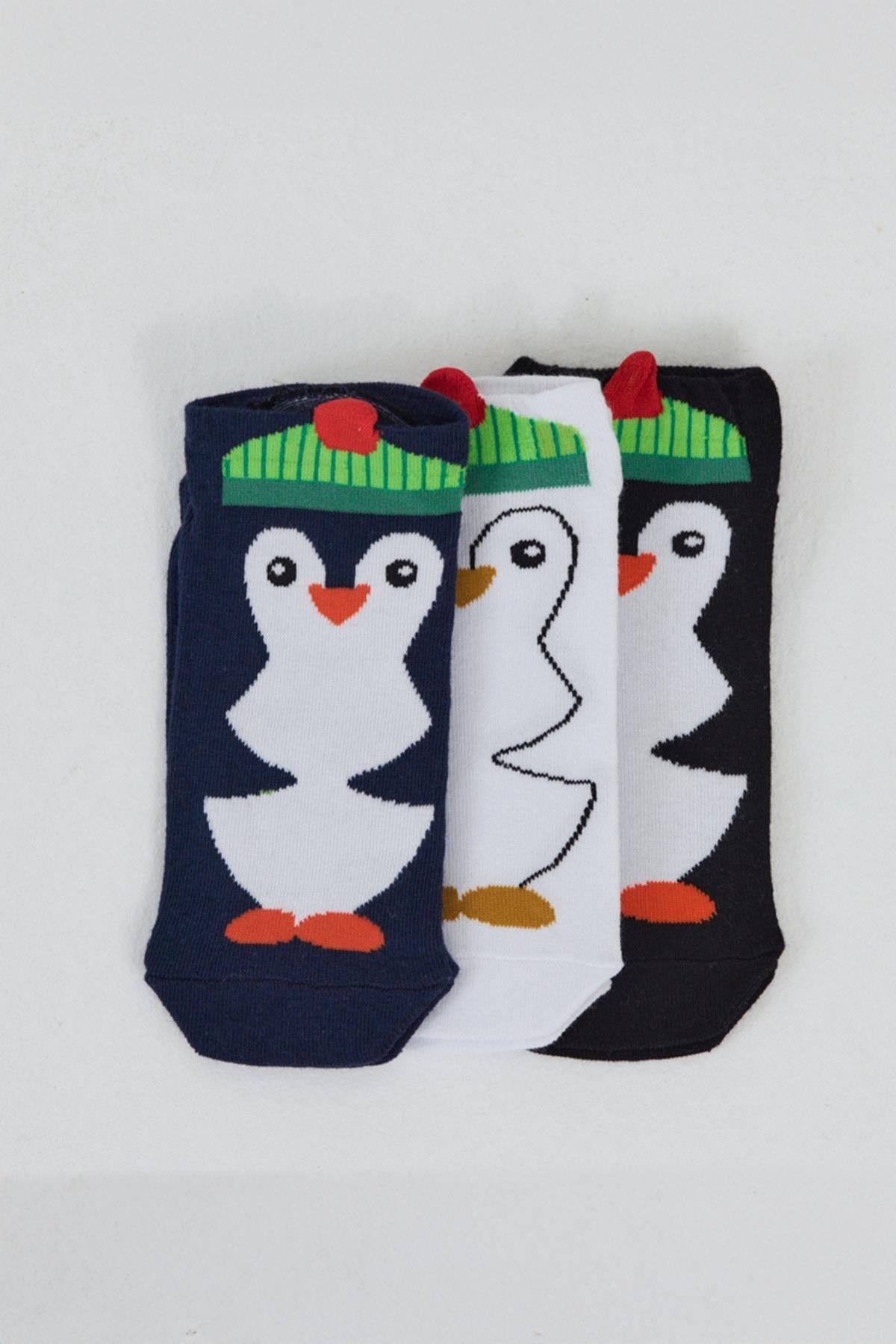 Renkli 3'lü Penguen Desenli Örme Patik Çorap 1104