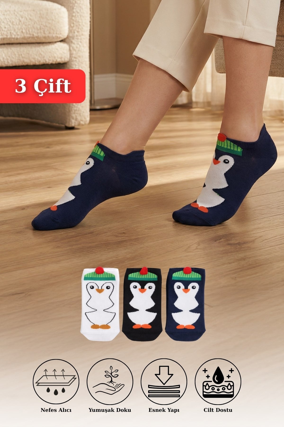 Renkli 3'lü Penguen Desenli Örme Patik Çorap 1104