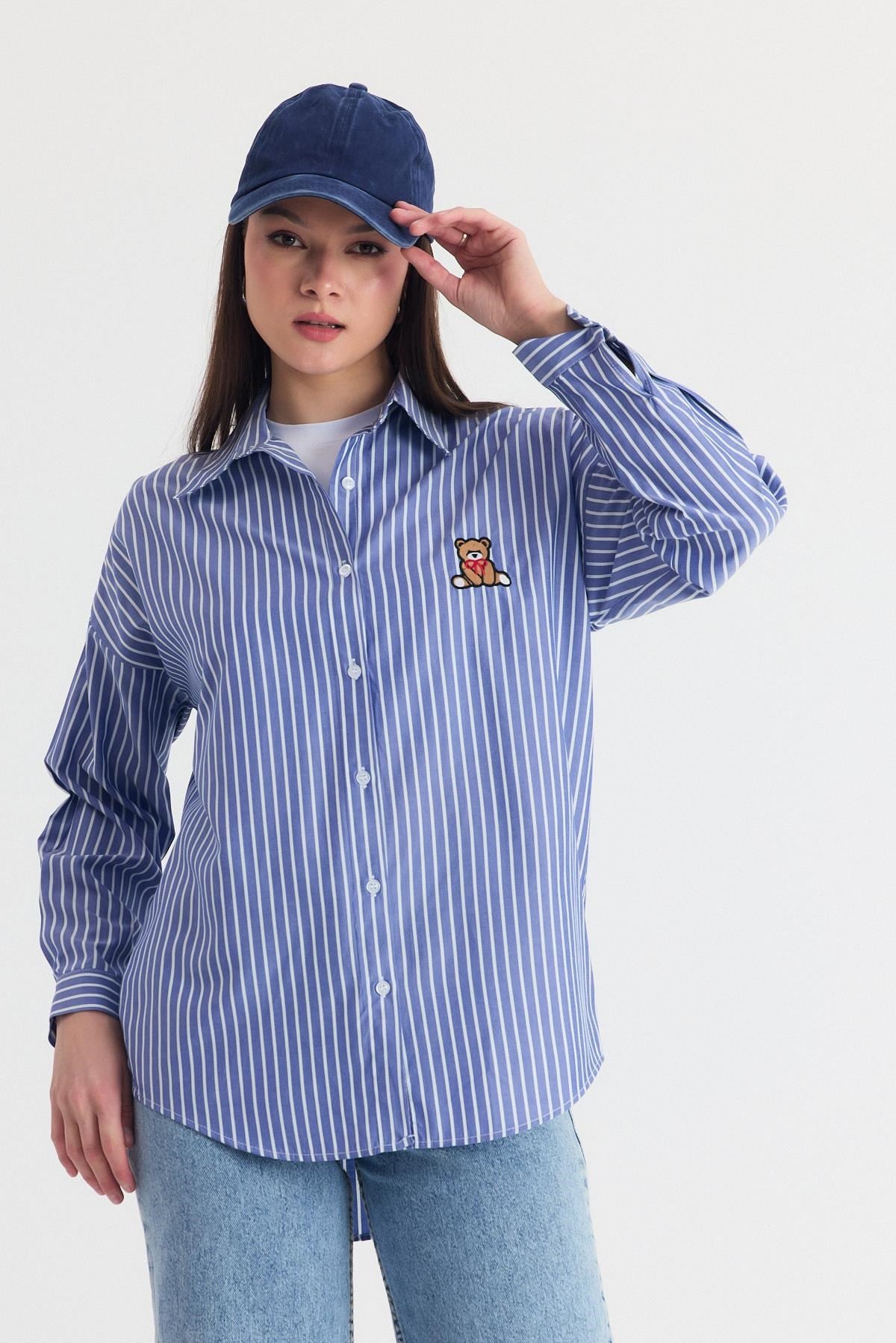 Saks Ayıcık Nakışlı Oversize Gömlek 4689A