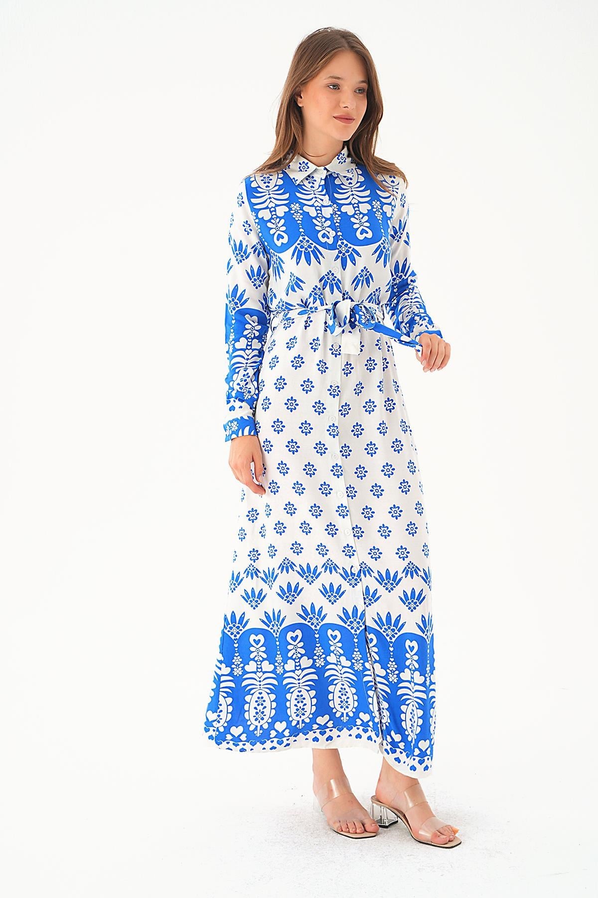 Saks Bel Bağlama Detay Desenli Elbise 2683